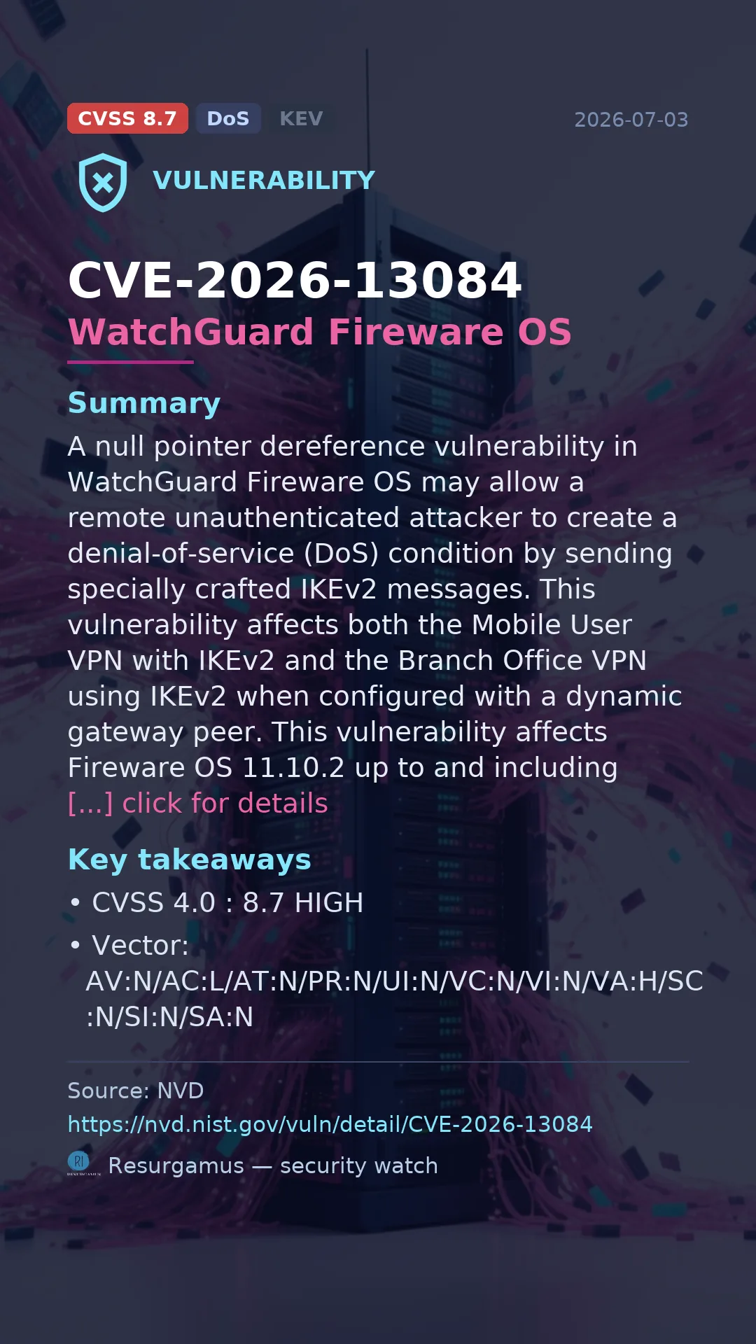 CVE-2026-13084 WatchGuard Fireware OS Vulnerability