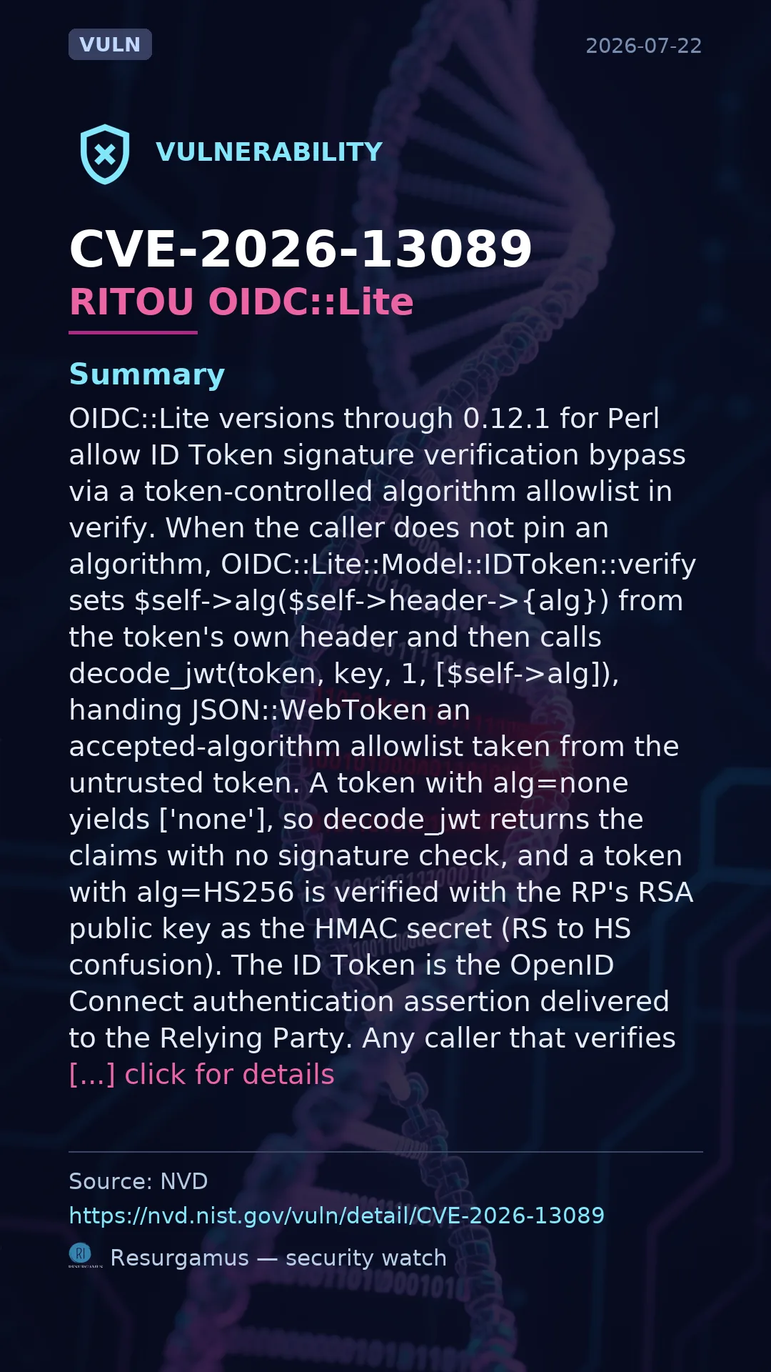 CVE-2026-13089 RITOU OIDC::Lite Vulnerability