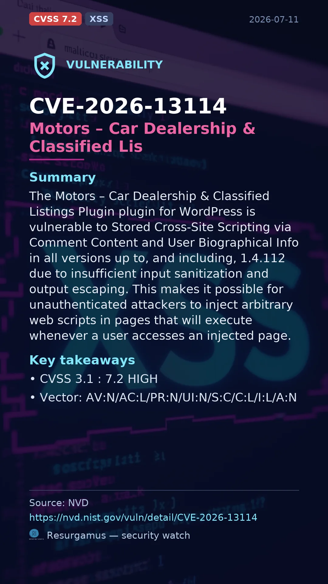 CVE-2026-13114 Motors – Car Dealership & Classified Lis Vulnerability