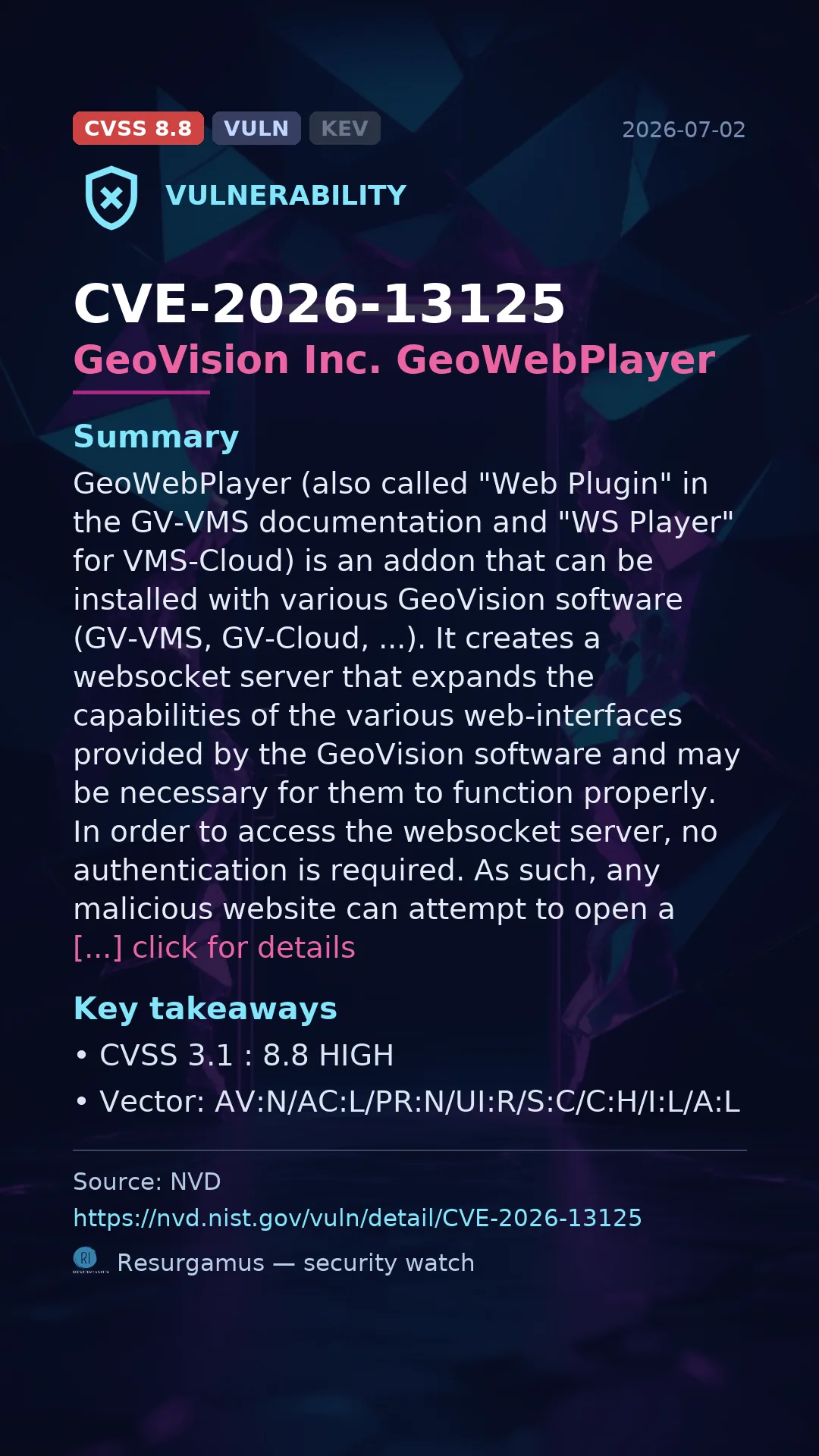 CVE-2026-13125 GeoVision Inc. GeoWebPlayer Vulnerability