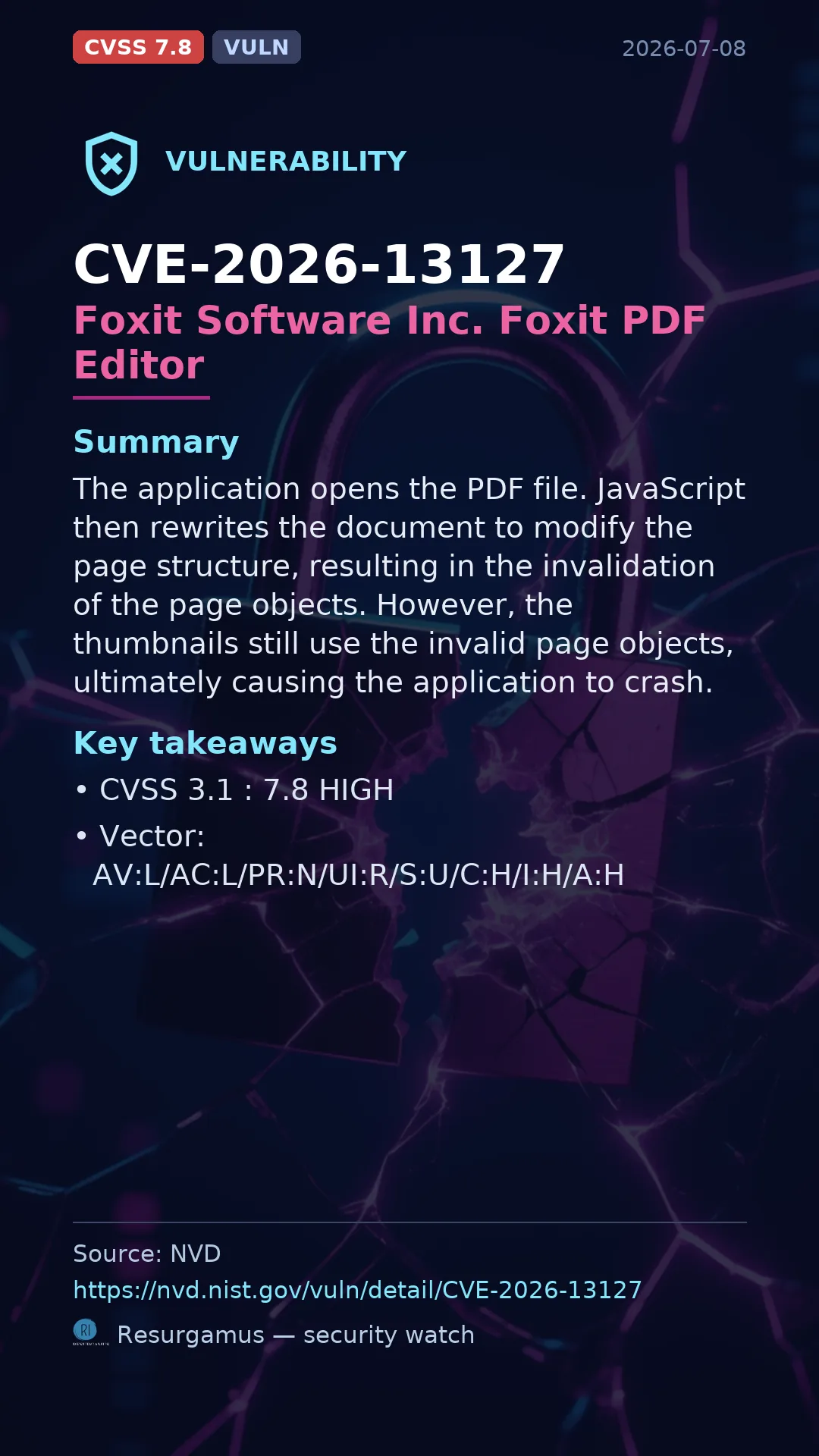 CVE-2026-13127 Foxit Software Inc. Foxit PDF Editor Vulnerability