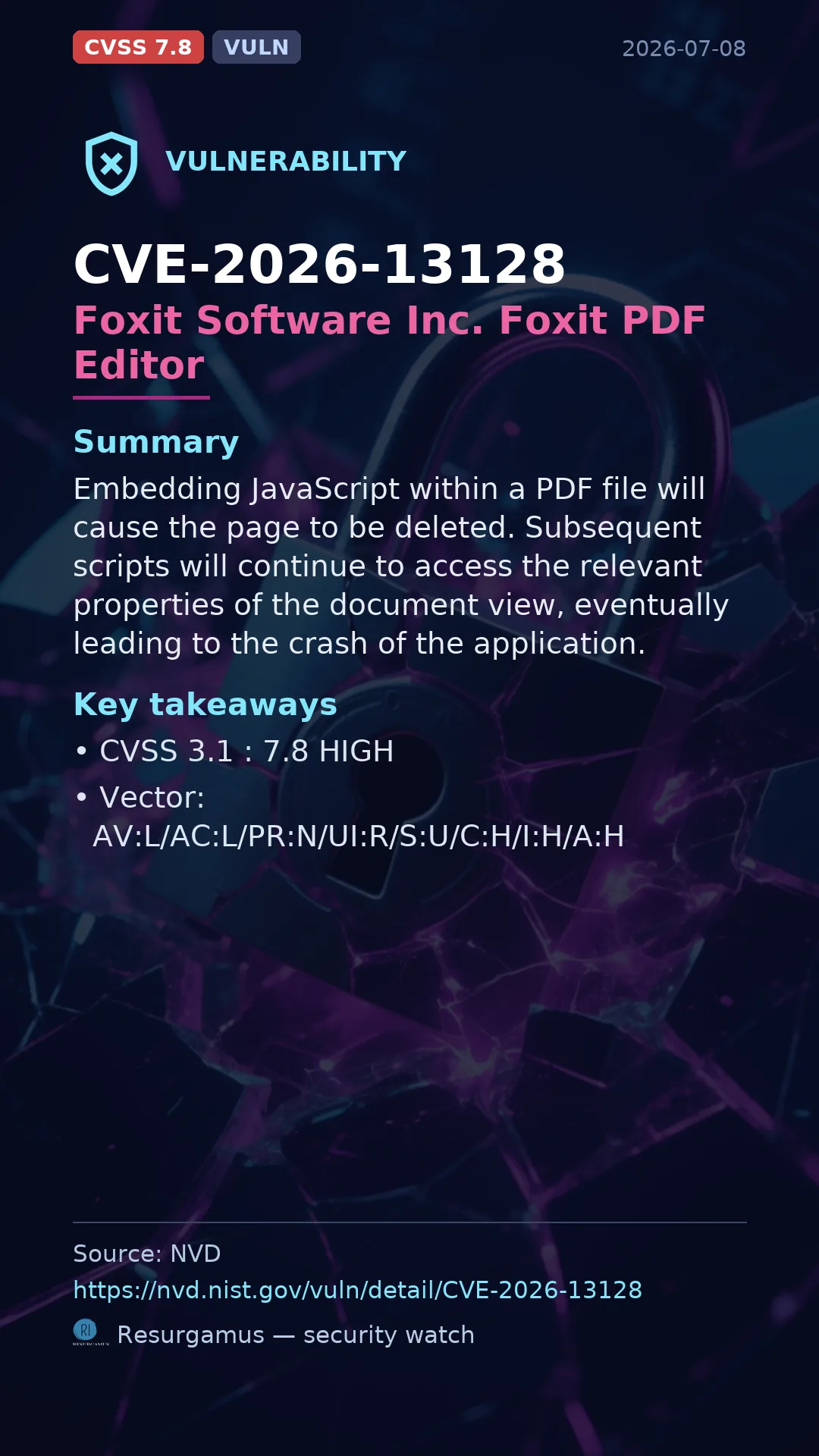 CVE-2026-13128 Foxit Software Inc. Foxit PDF Editor Vulnerability
