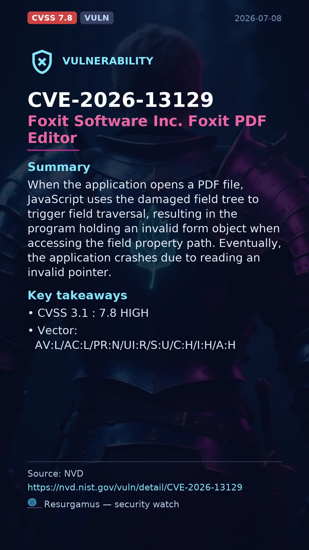 CVE-2026-13129 Foxit Software Inc. Foxit PDF Editor Vulnerability