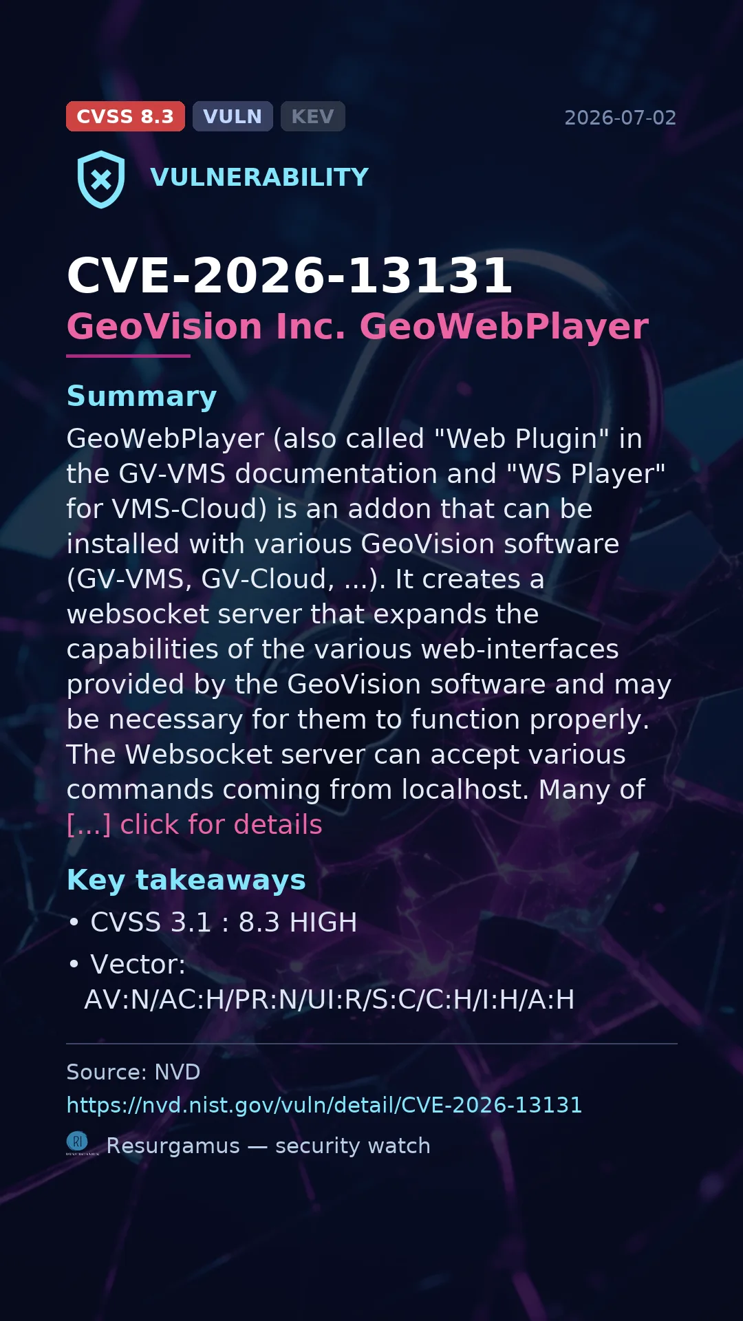 CVE-2026-13131 GeoVision Inc. GeoWebPlayer Vulnerability