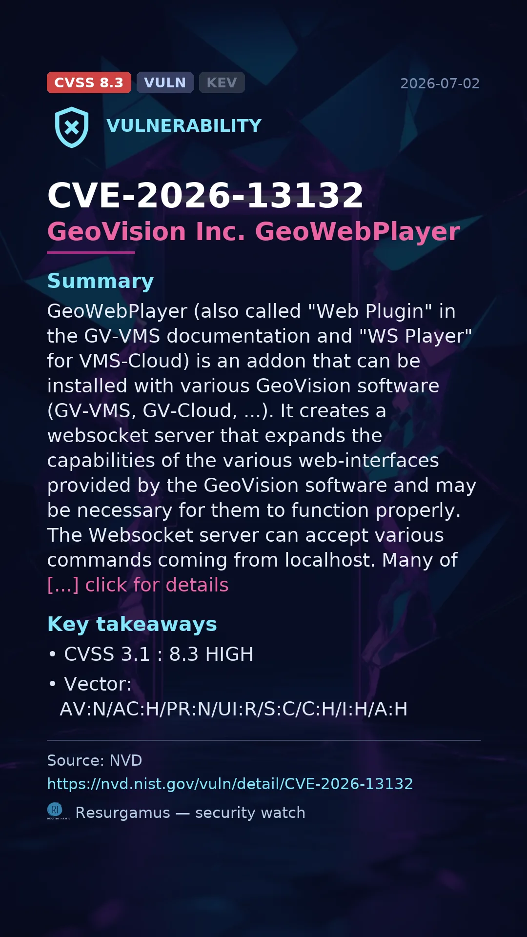 CVE-2026-13132 GeoVision Inc. GeoWebPlayer Vulnerability