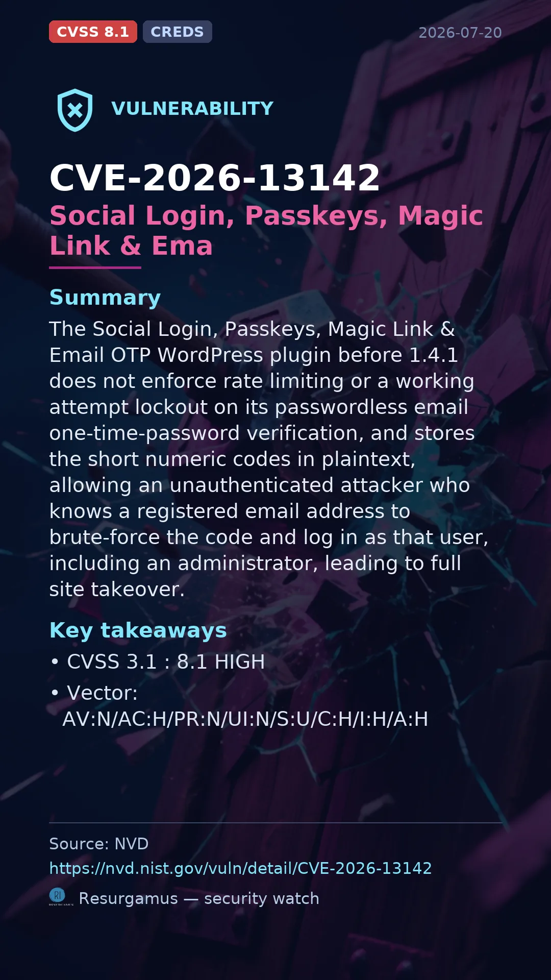 CVE-2026-13142 Social Login, Passkeys, Magic Link & Ema Vulnerability