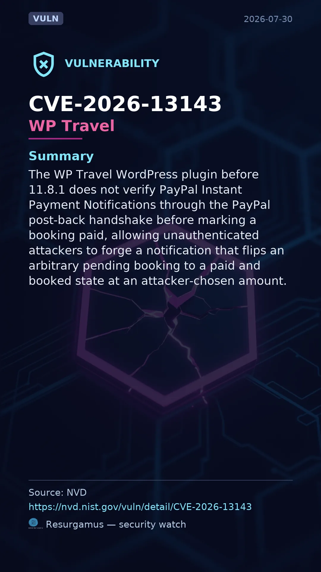 CVE-2026-13143 WP Travel Vulnerability