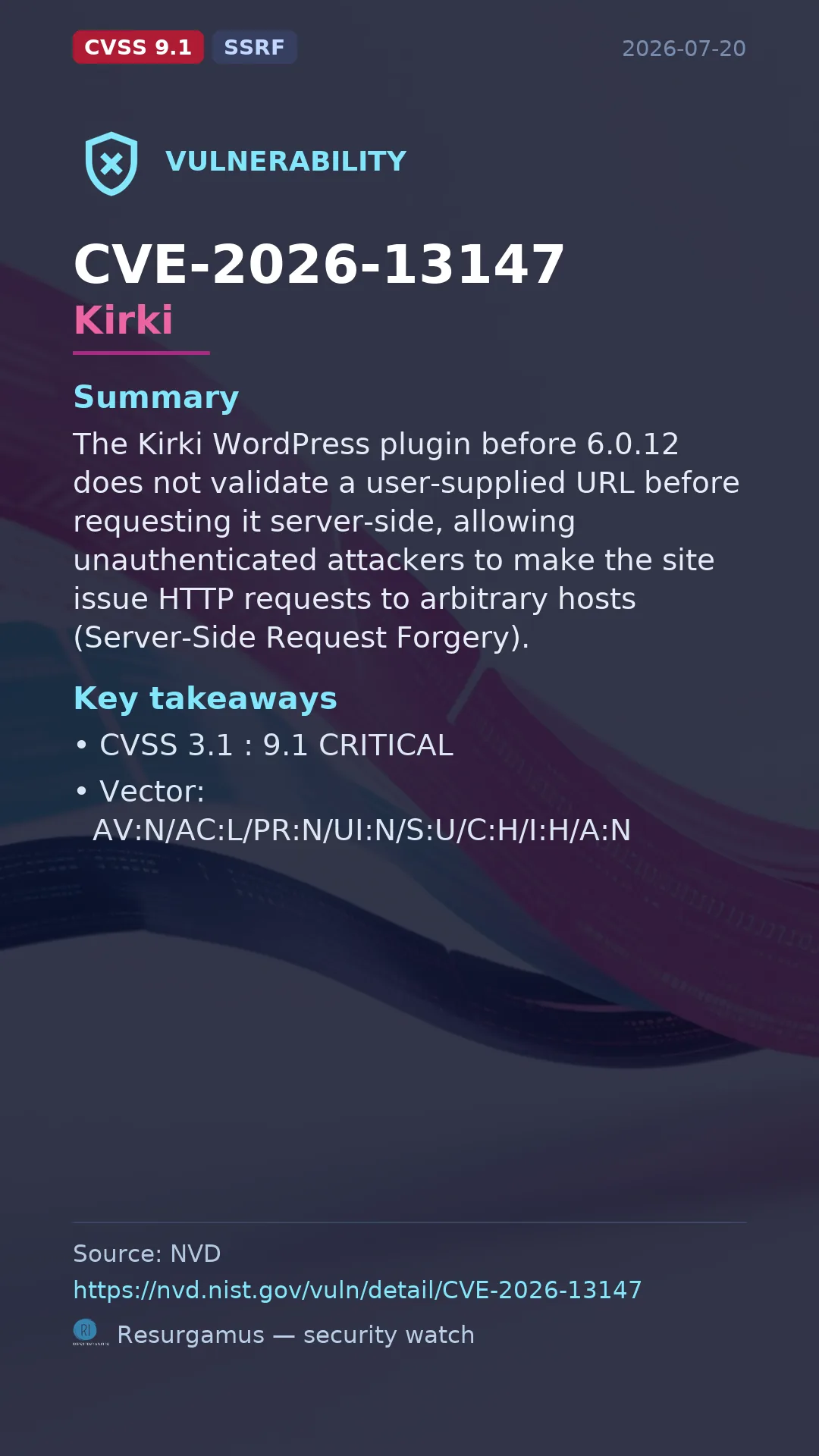 CVE-2026-13147 Kirki Vulnerability