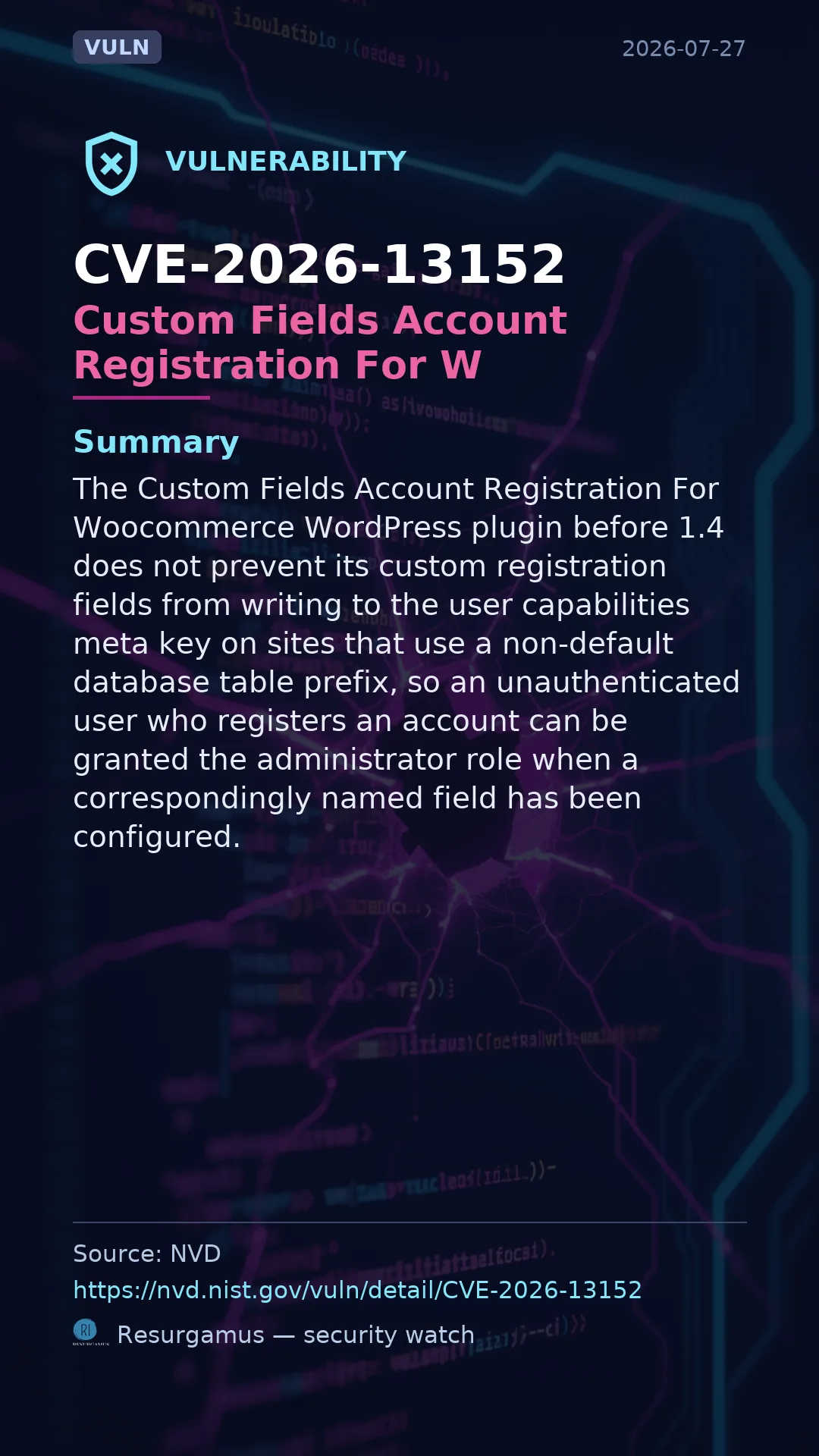 CVE-2026-13152 - Custom Fields Account Registration For W vulnerability