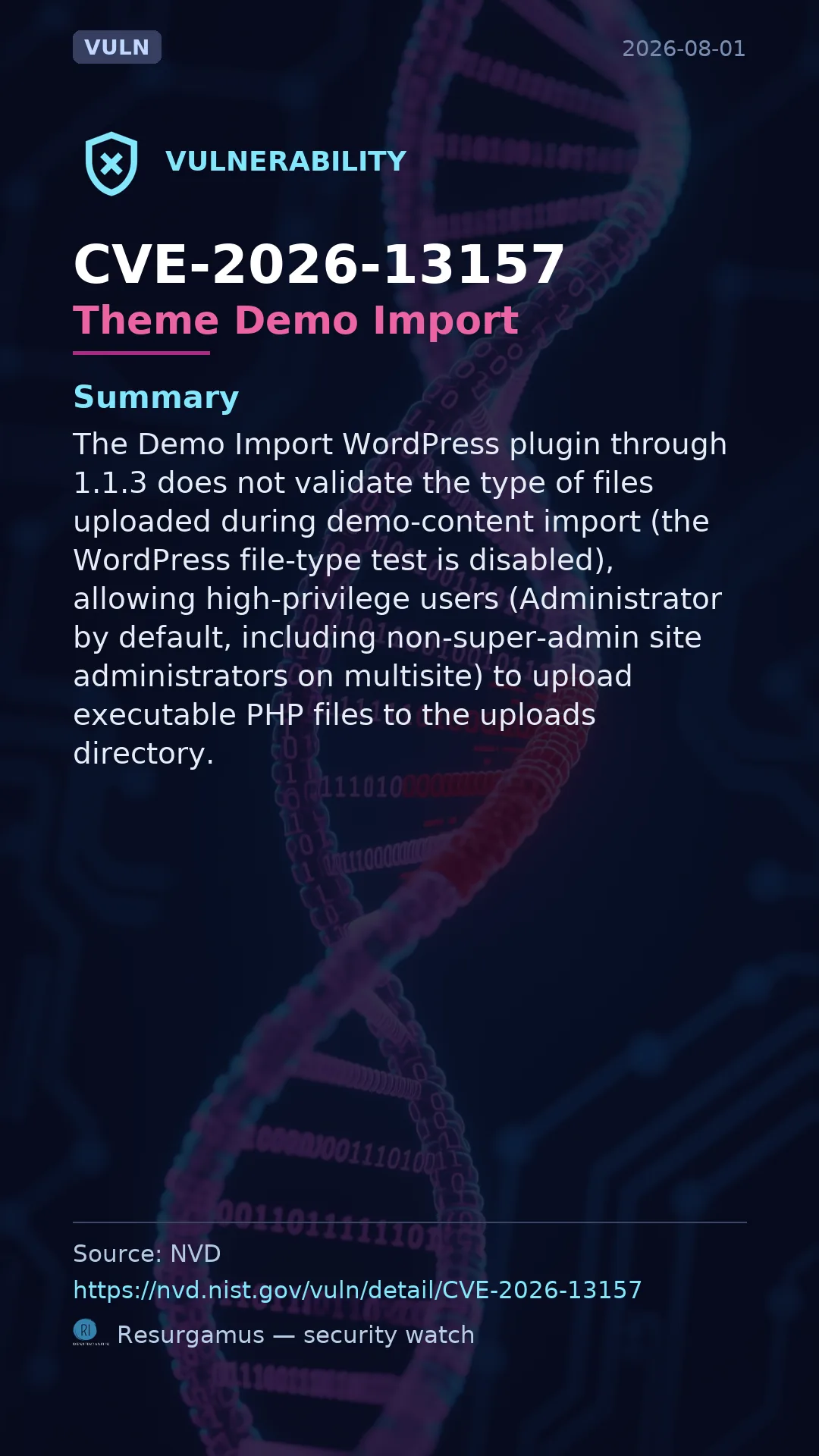 CVE-2026-13157 Theme Demo Import Vulnerability