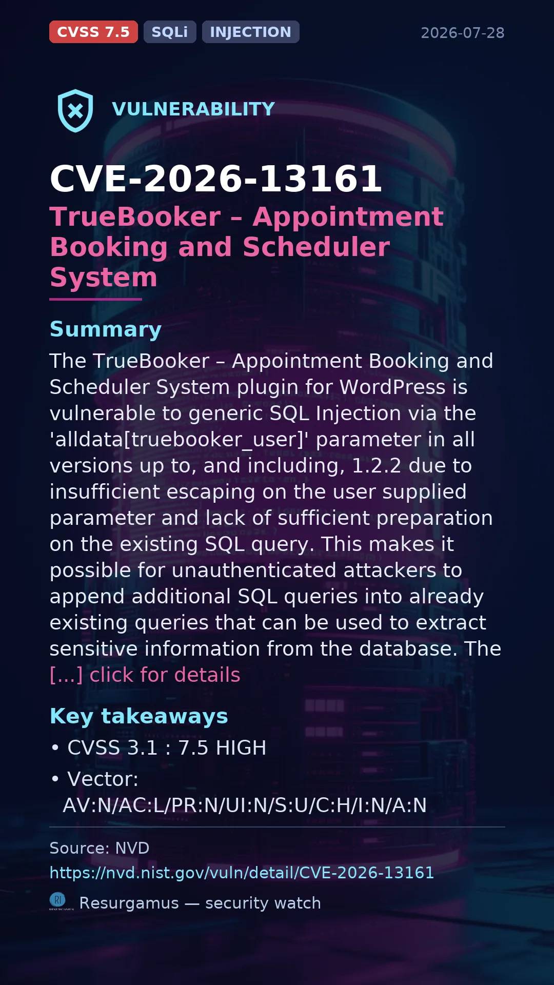 CVE-2026-13161 TrueBooker – Appointment Booking and Sch Vulnerability