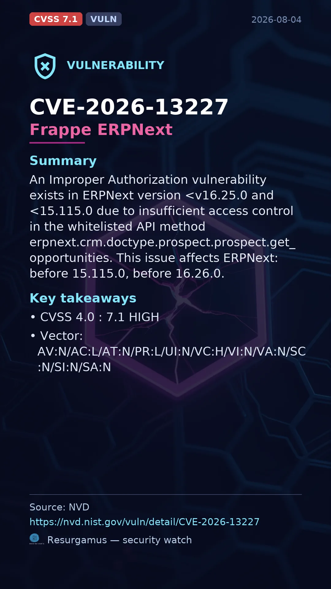 CVE-2026-13227 Frappe ERPNext Vulnerability