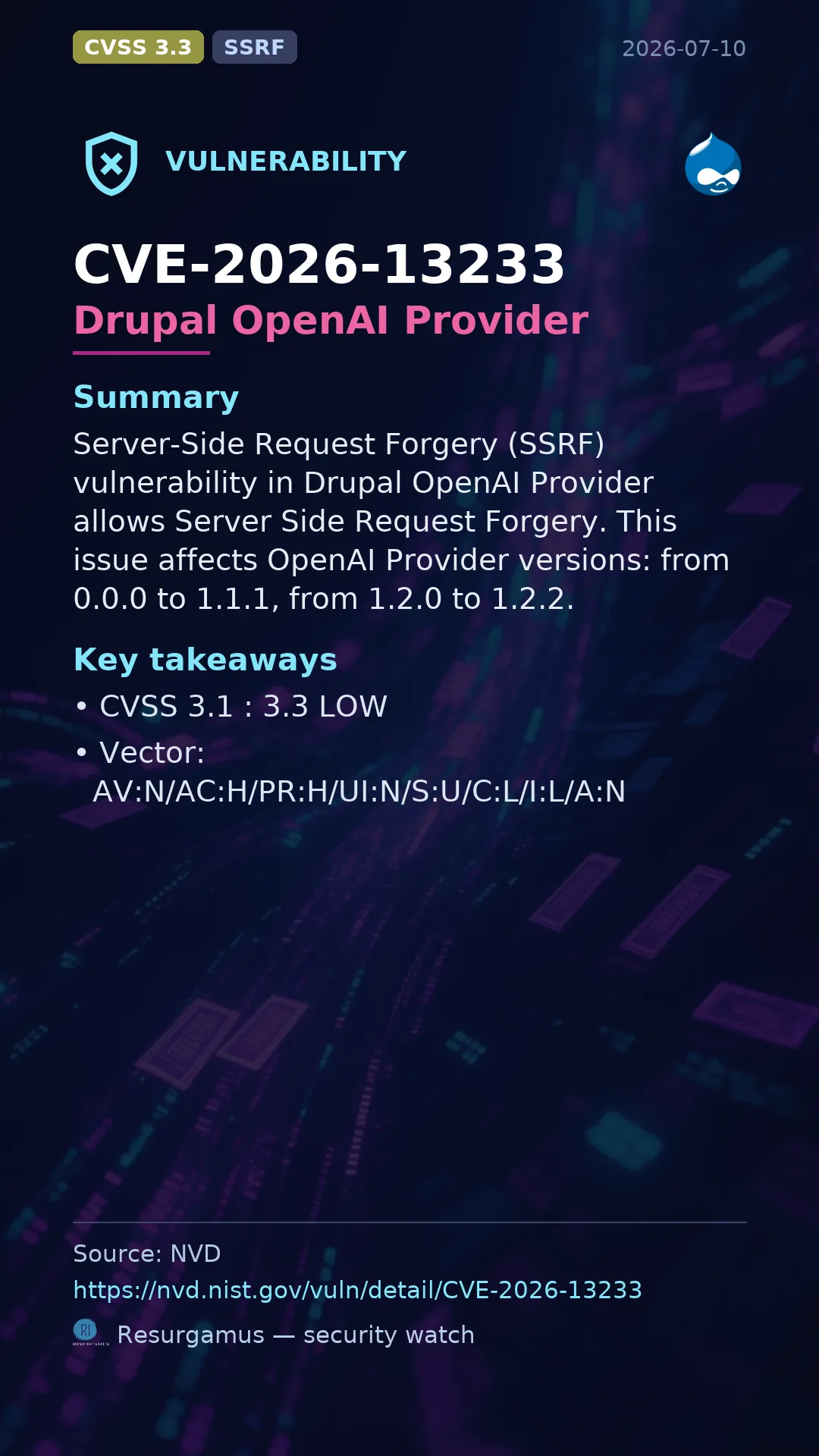 CVE-2026-13233 Drupal OpenAI Provider Vulnerability