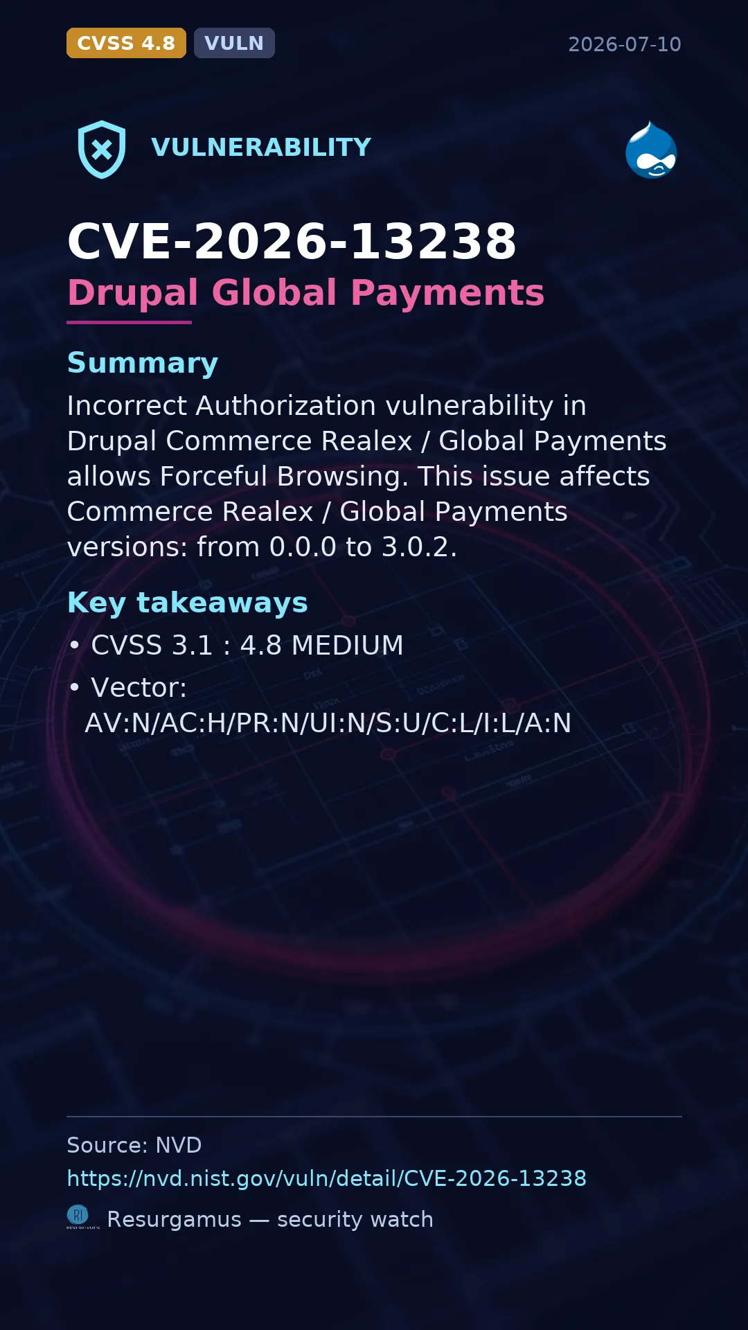 CVE-2026-13238 Drupal Global Payments Vulnerability