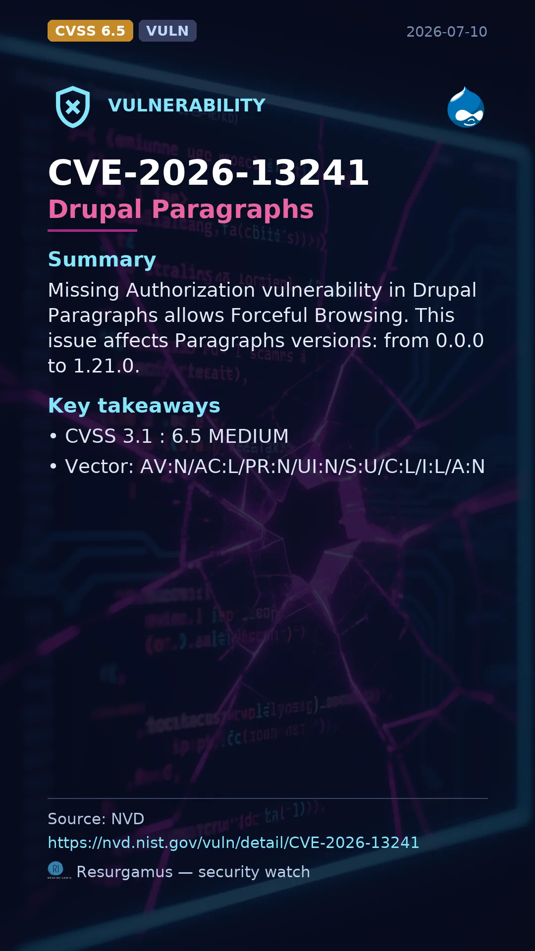CVE-2026-13241 Drupal Paragraphs Vulnerability