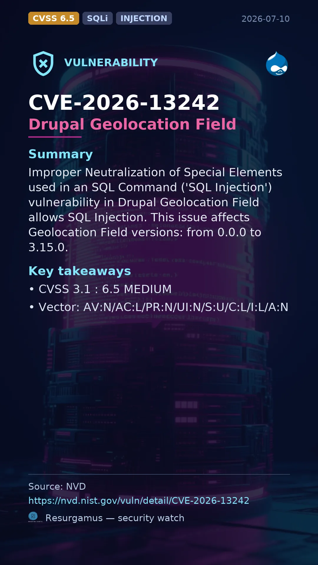 CVE-2026-13242 Drupal Geolocation Field Vulnerability