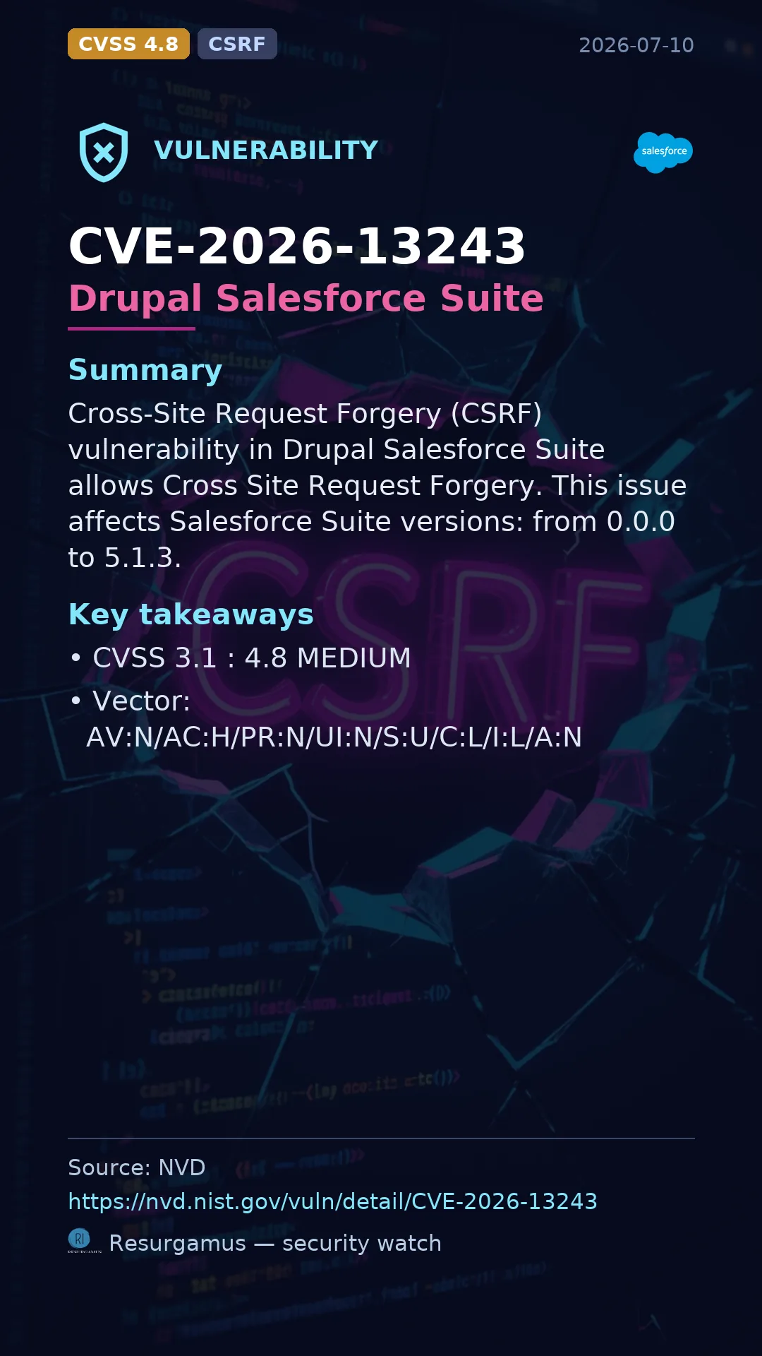 CVE-2026-13243 Drupal Salesforce Suite Vulnerability