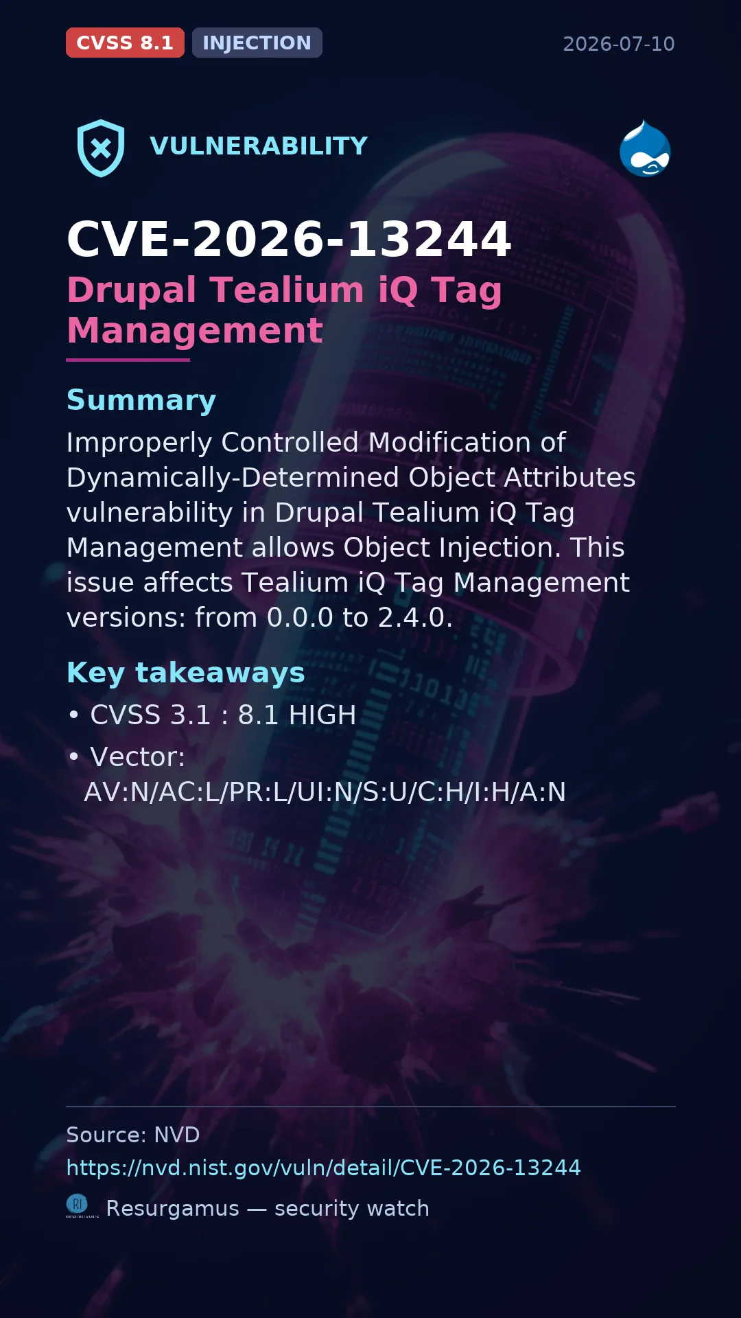 CVE-2026-13244 Drupal Tealium iQ Tag Management Vulnerability