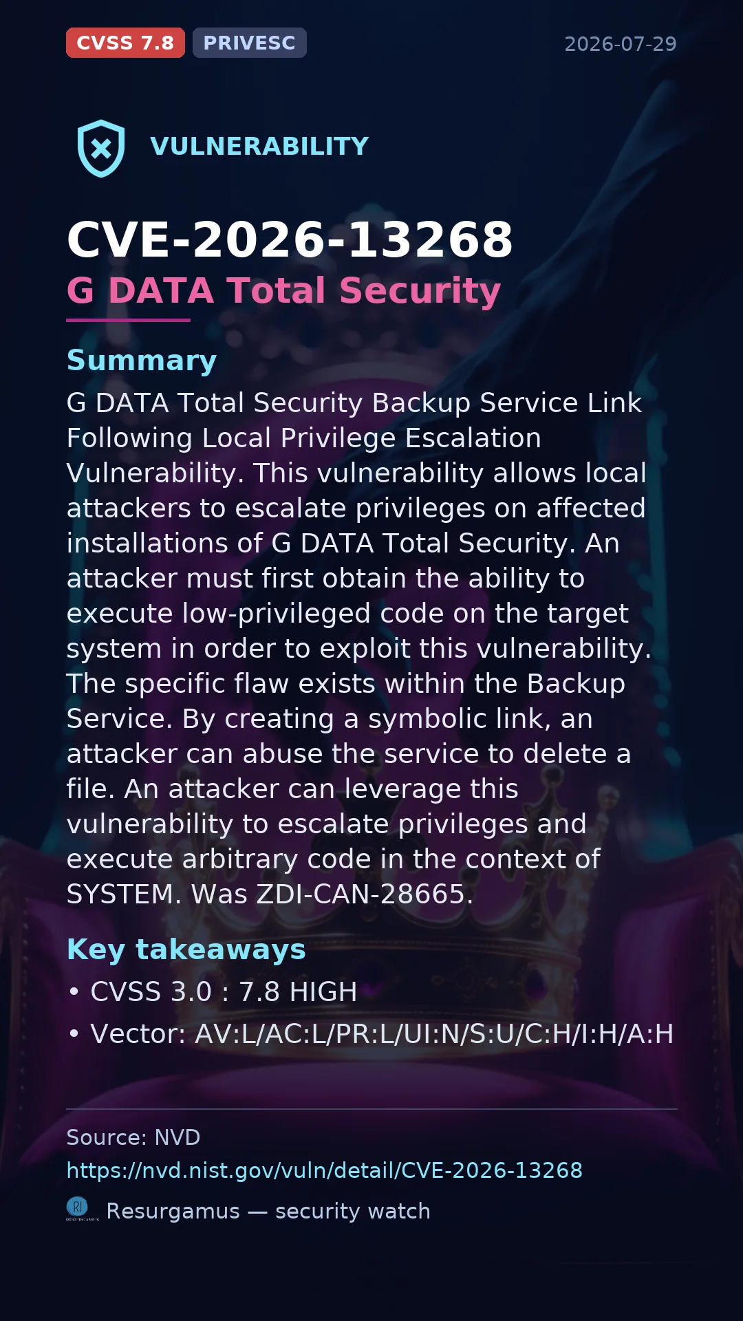 CVE-2026-13268 G DATA Total Security Vulnerability