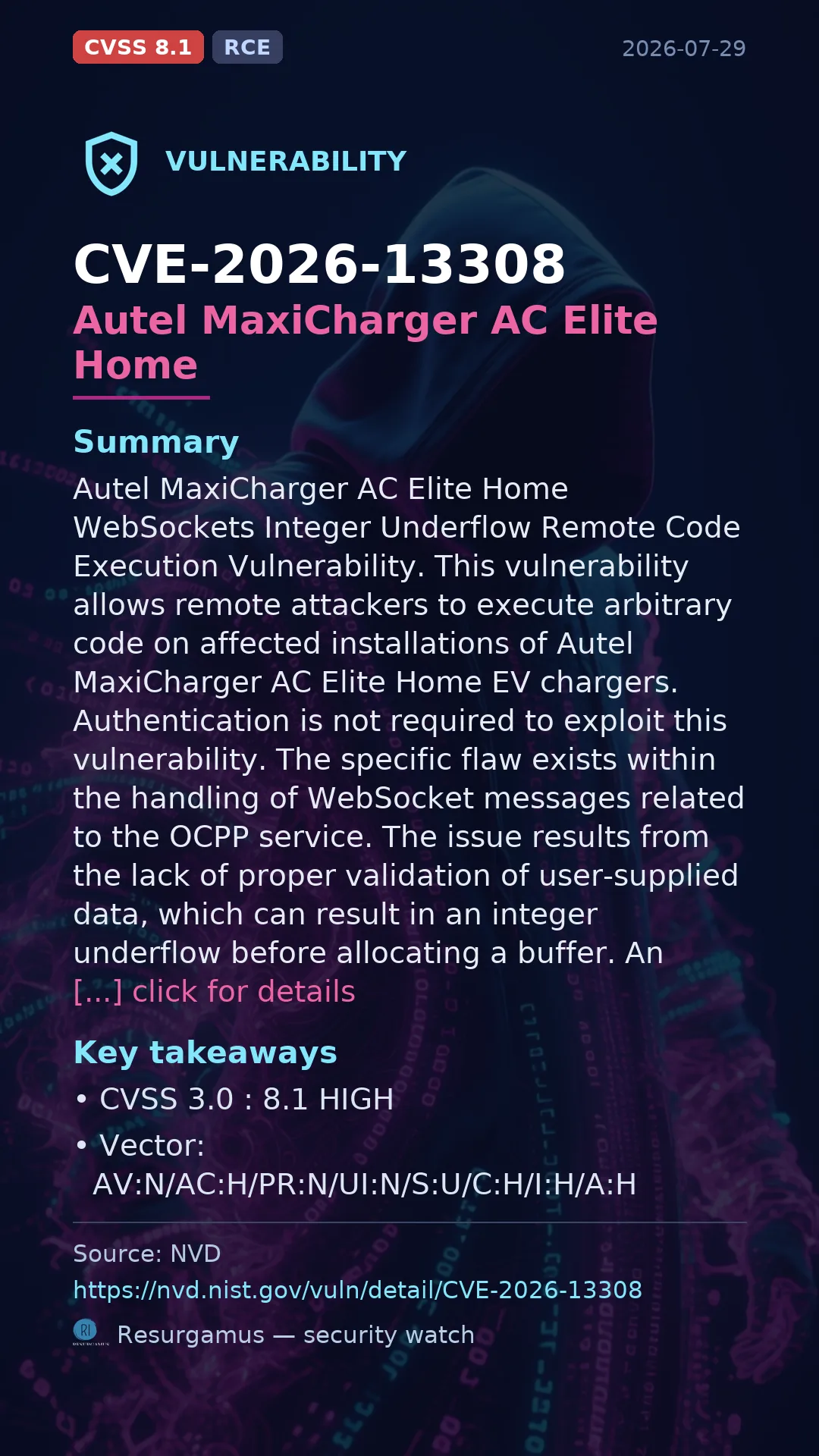 CVE-2026-13308 Autel MaxiCharger AC Elite Home Vulnerability