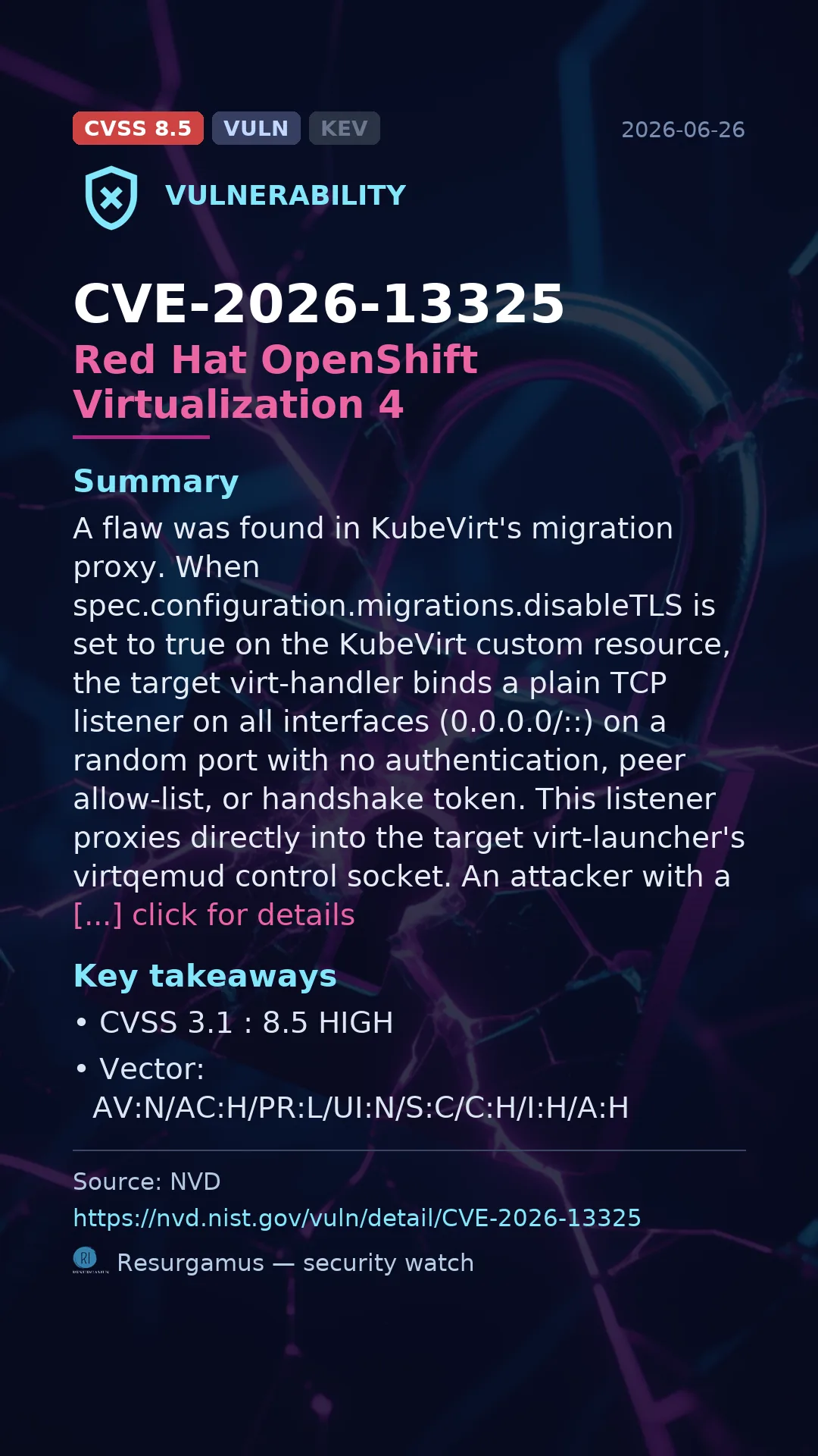 CVE-2026-13325 Red Hat OpenShift Virtualization 4 Vulnerability
