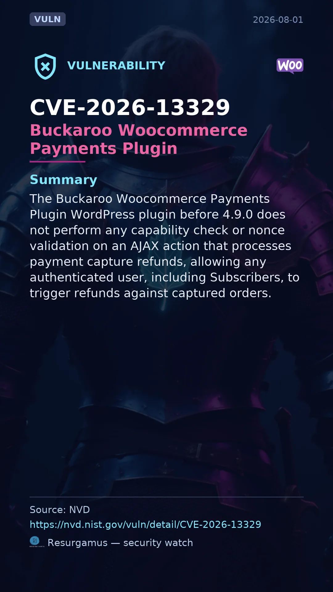 CVE-2026-13329 Buckaroo Woocommerce Payments Plugin Vulnerability