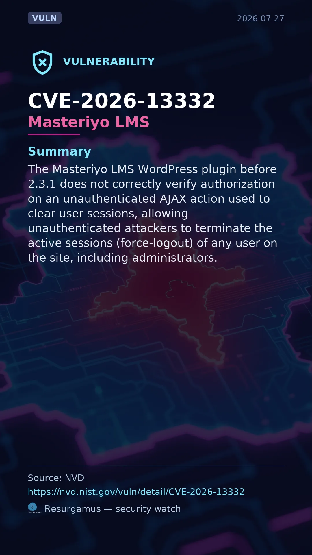 CVE-2026-13332 - Masteriyo LMS vulnerability
