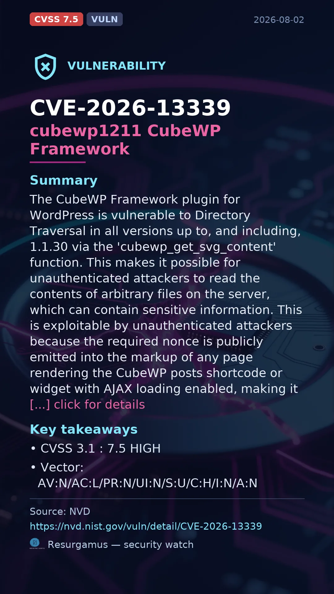 CVE-2026-13339 cubewp1211 CubeWP Framework Vulnerability