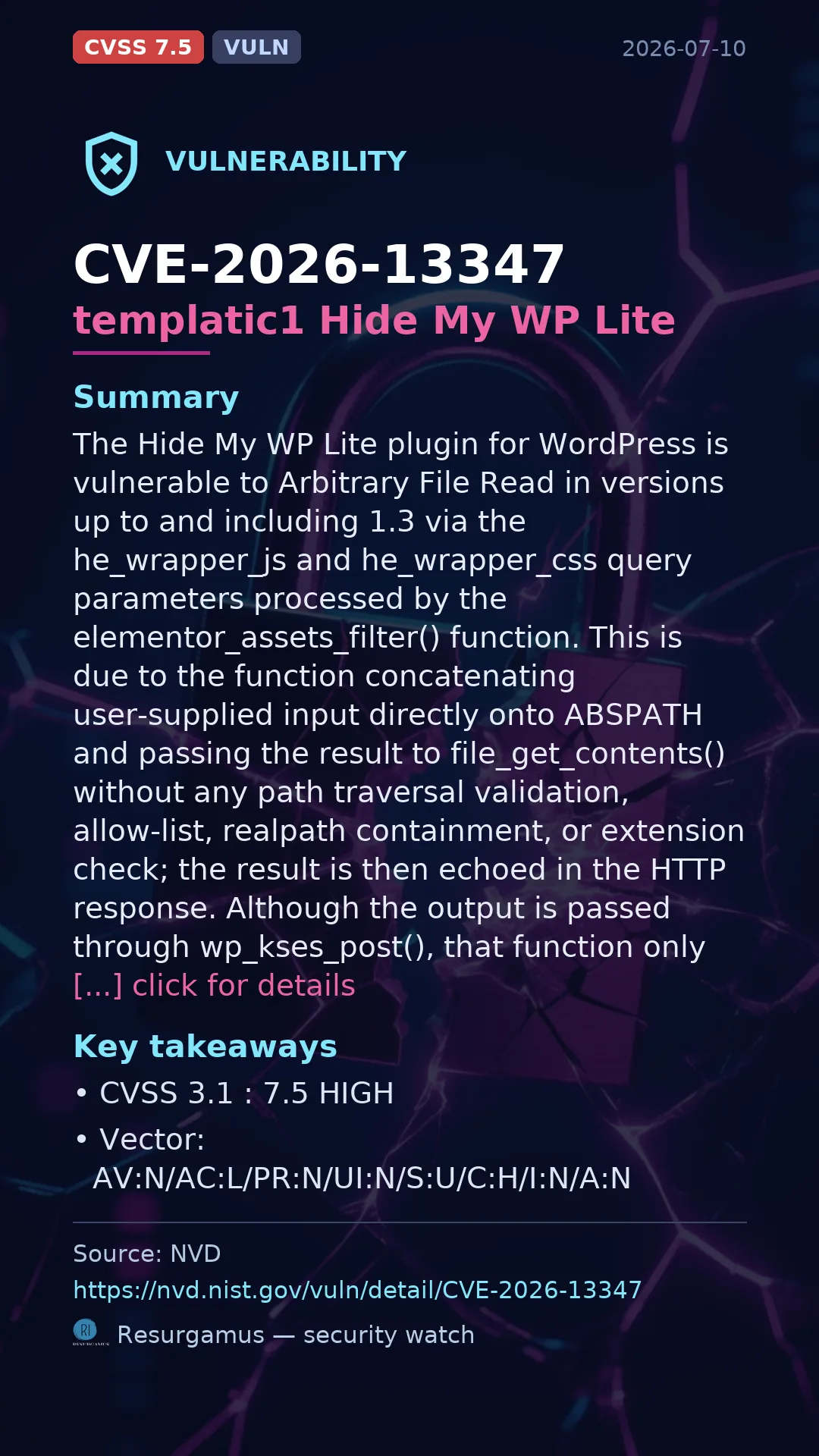 CVE-2026-13347 templatic1 Hide My WP Lite Vulnerability