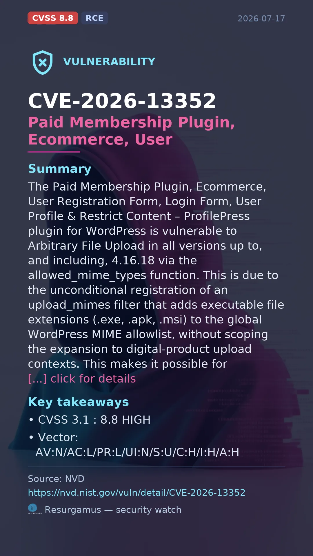 CVE-2026-13352 Paid Membership Plugin, Ecommerce, User  Vulnerability