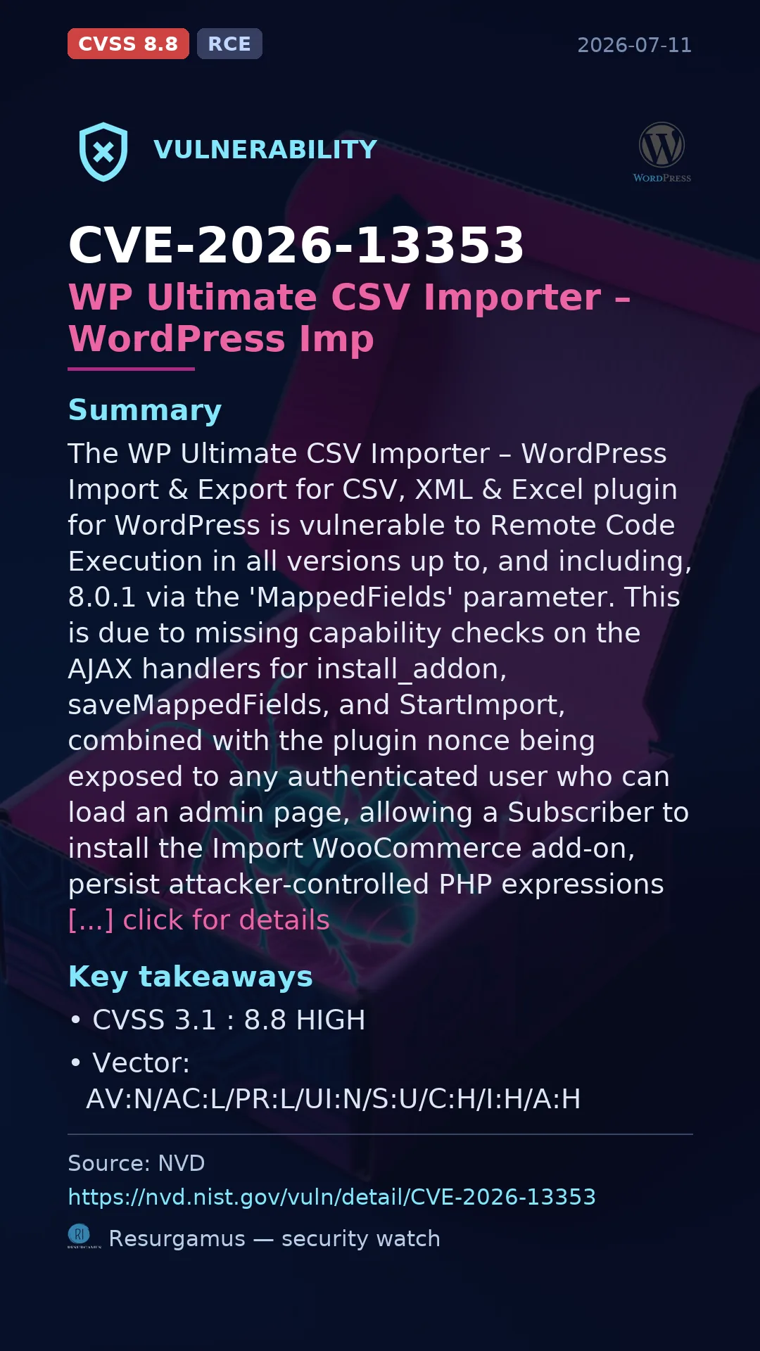 CVE-2026-13353 WP Ultimate CSV Importer – WordPress Imp Vulnerability