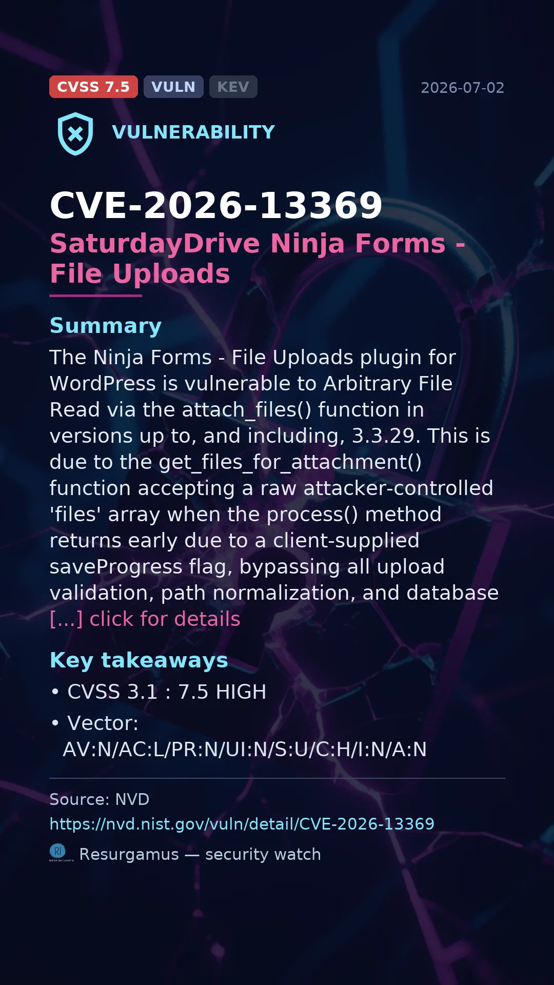 CVE-2026-13369 SaturdayDrive Ninja Forms - File Uploads Vulnerability