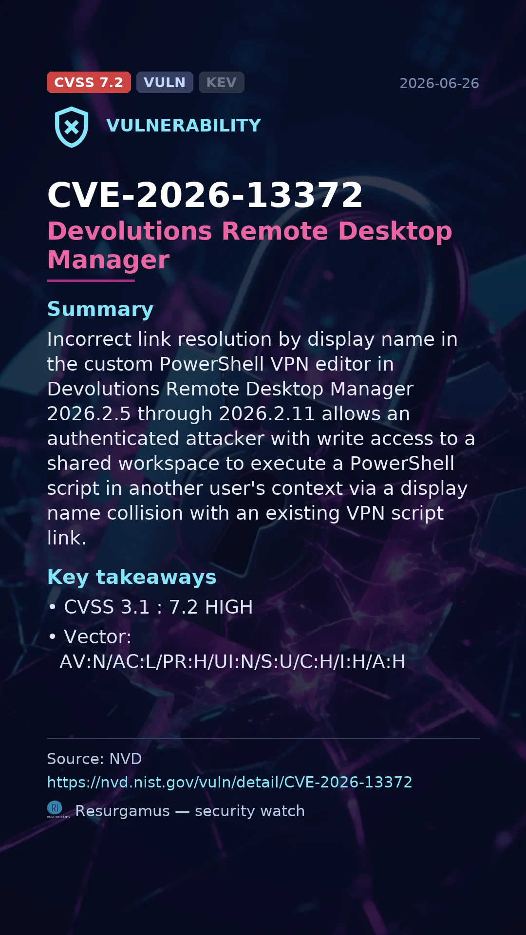 CVE-2026-13372 Devolutions Remote Desktop Manager Vulnerability