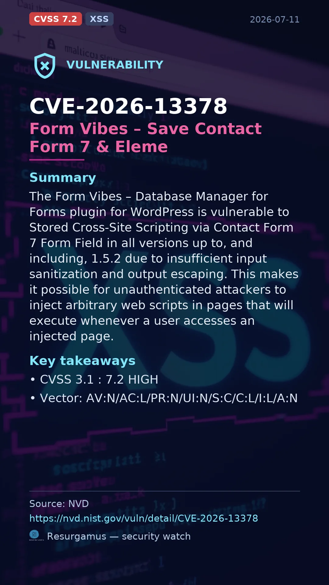 CVE-2026-13378 Form Vibes – Save Contact Form 7 & Eleme Vulnerability