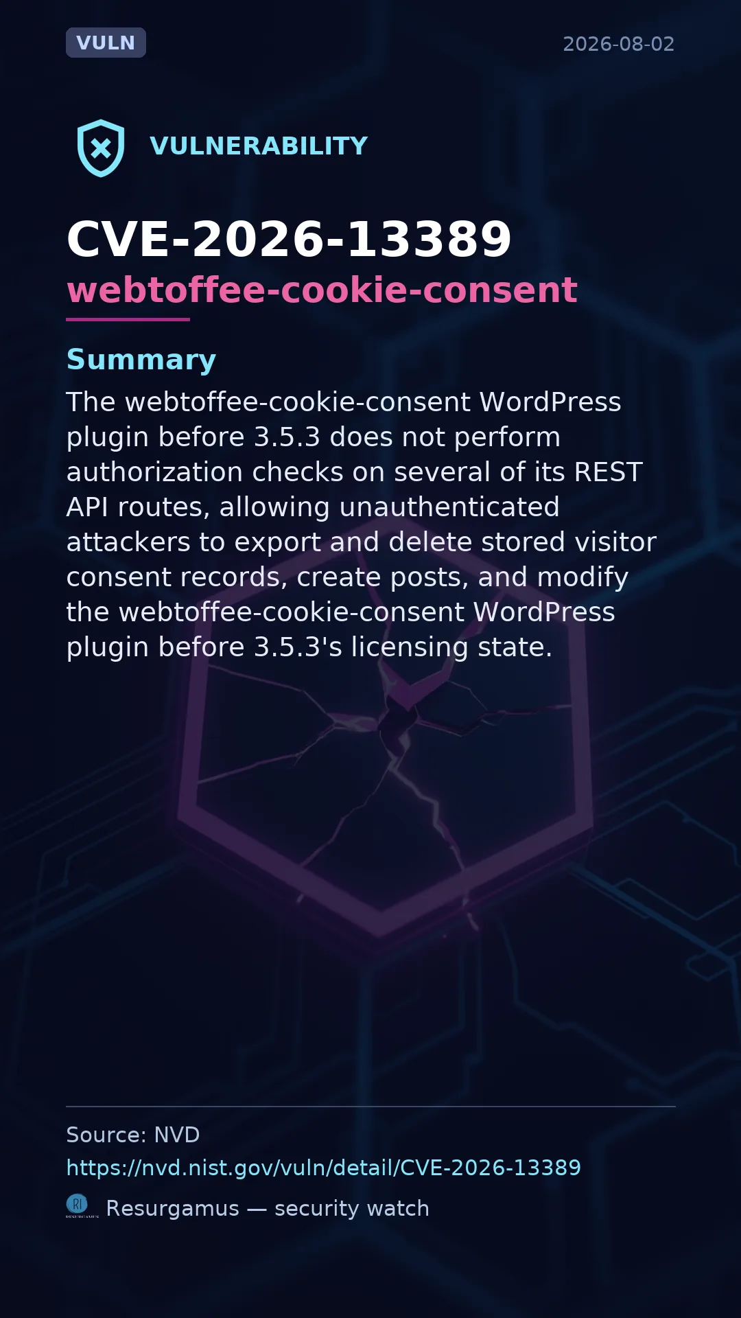 CVE-2026-13389 webtoffee-cookie-consent Vulnerability