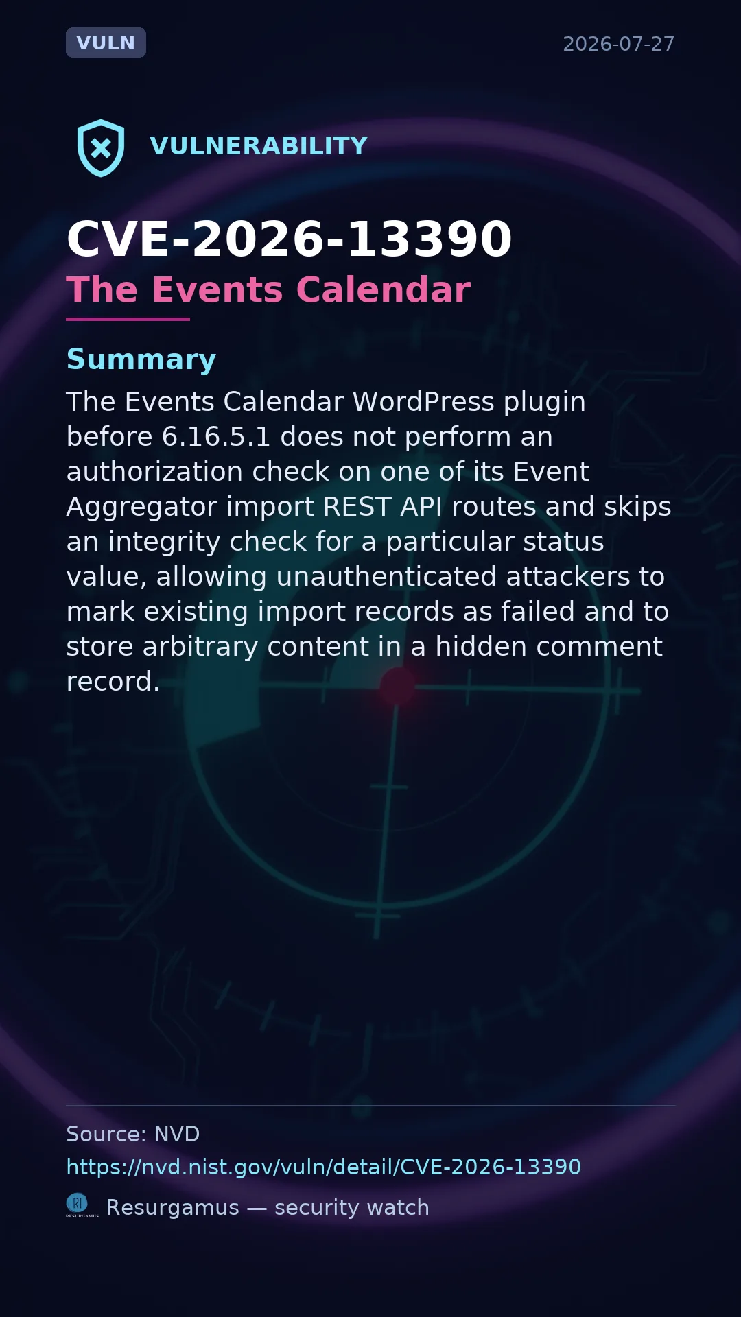 CVE-2026-13390 - The Events Calendar vulnerability
