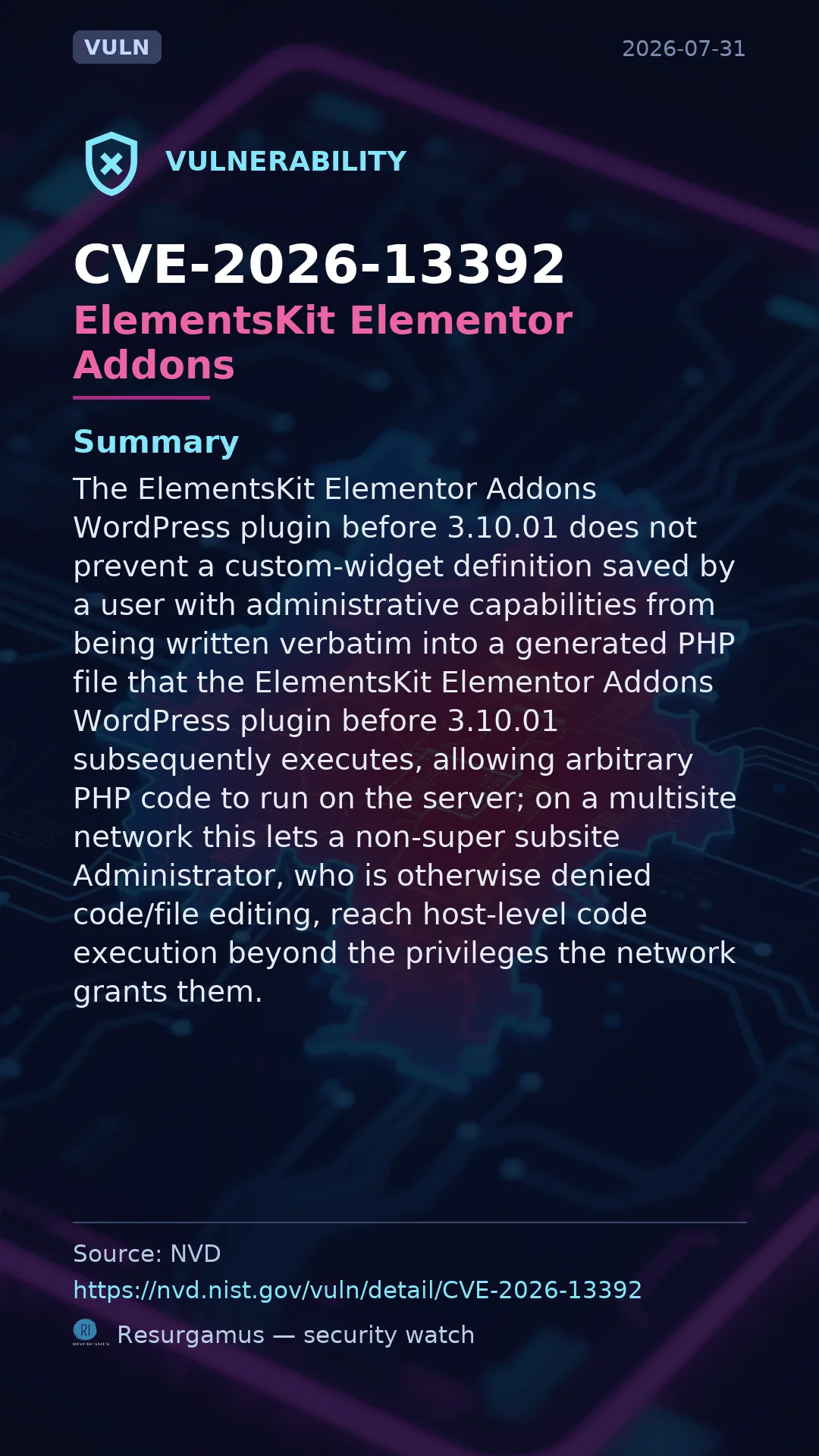 CVE-2026-13392 ElementsKit Elementor Addons Vulnerability