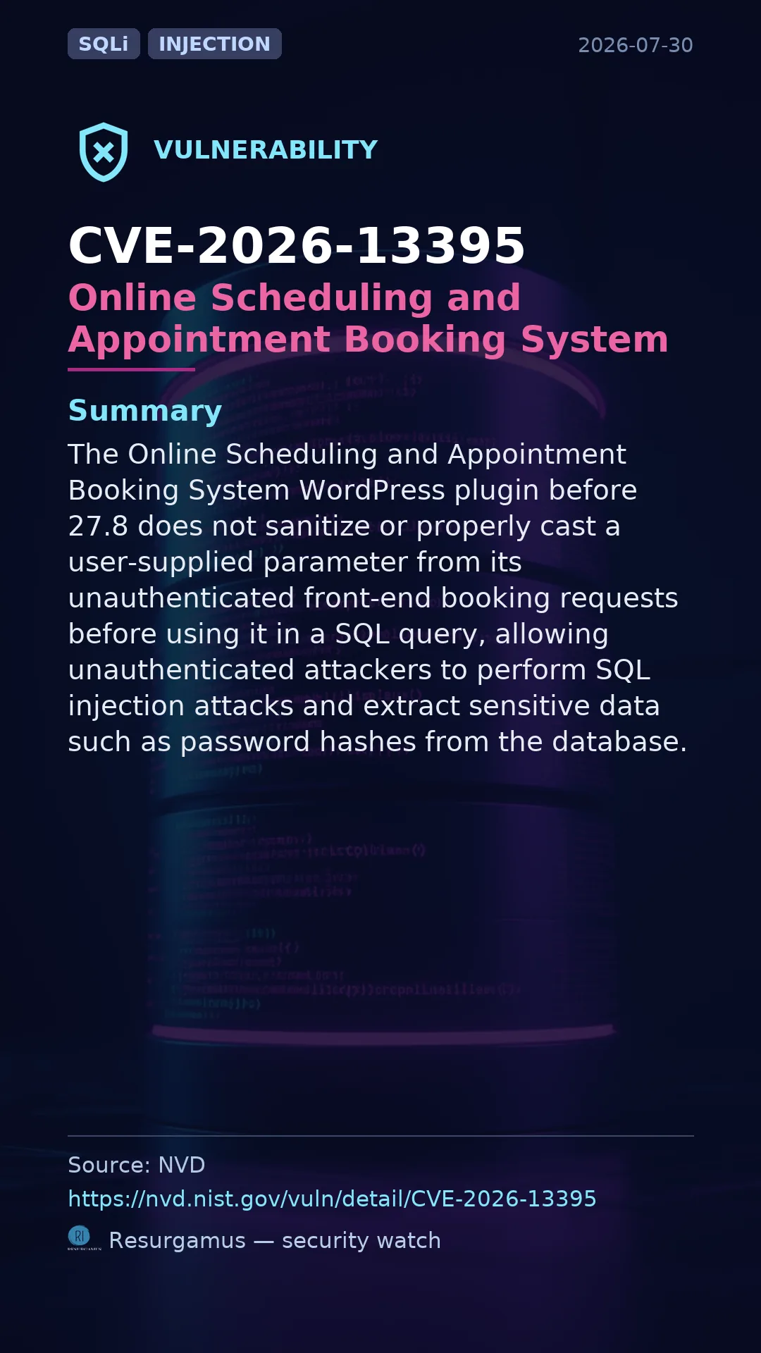 CVE-2026-13395 Online Scheduling and Appointment Booking System Vulnerability