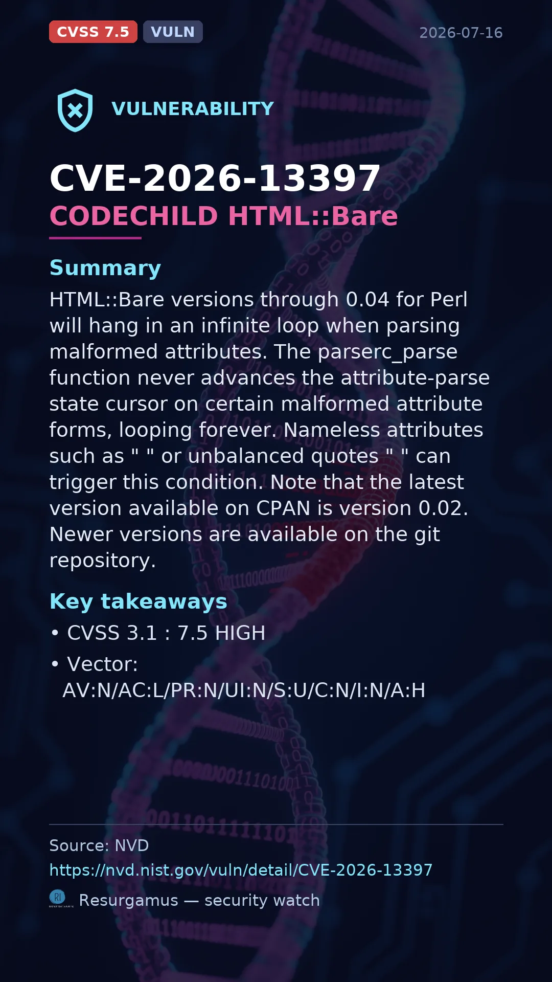 CVE-2026-13397 CODECHILD HTML::Bare Vulnerability