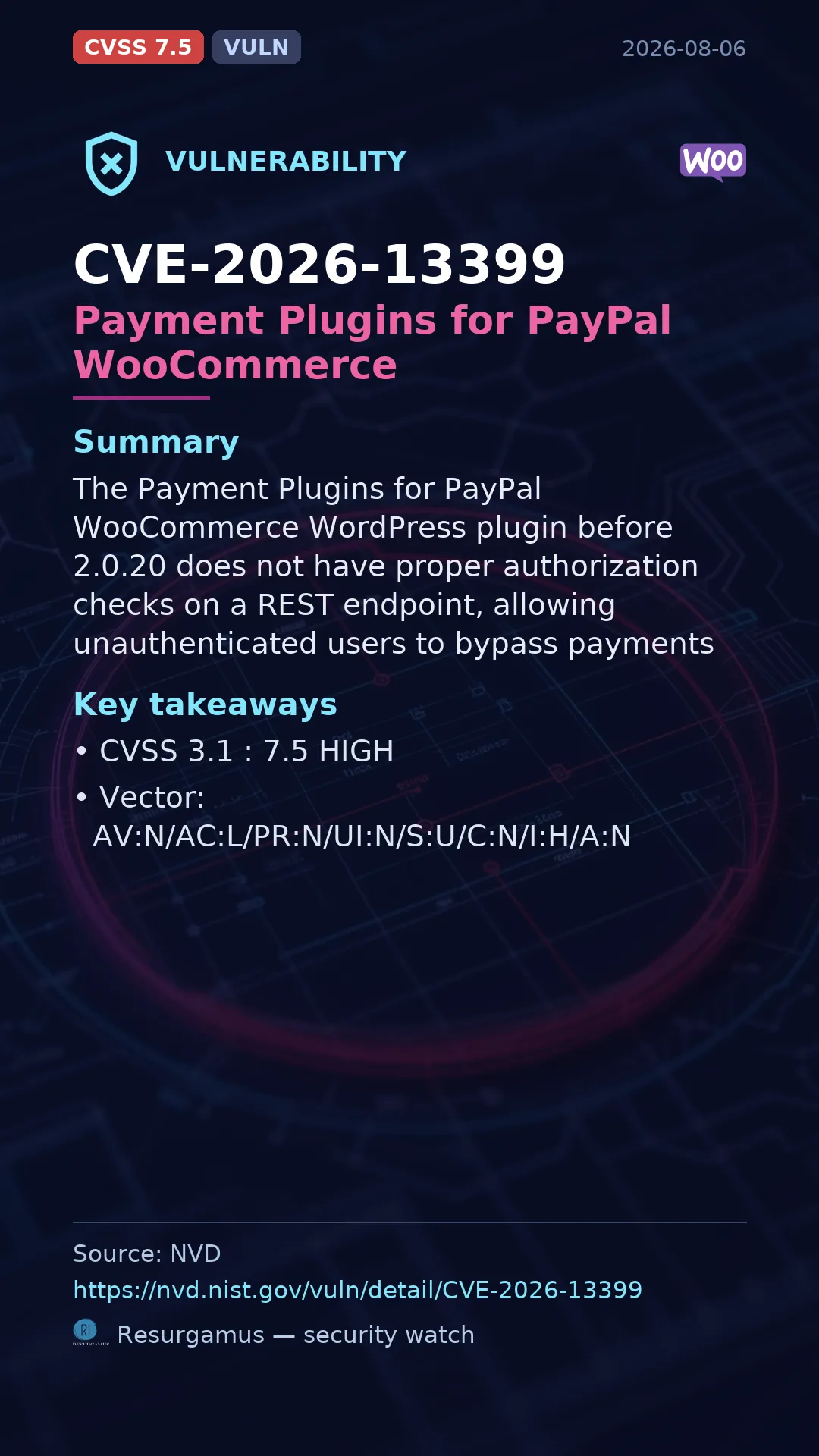 CVE-2026-13399 Payment Plugins for PayPal WooCommerce Vulnerability