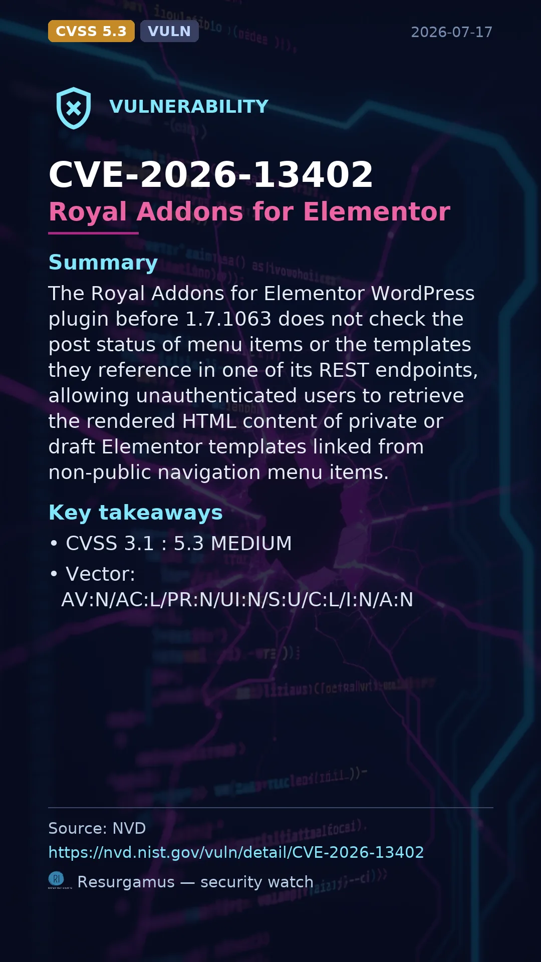 CVE-2026-13402 Royal Addons for Elementor Vulnerability