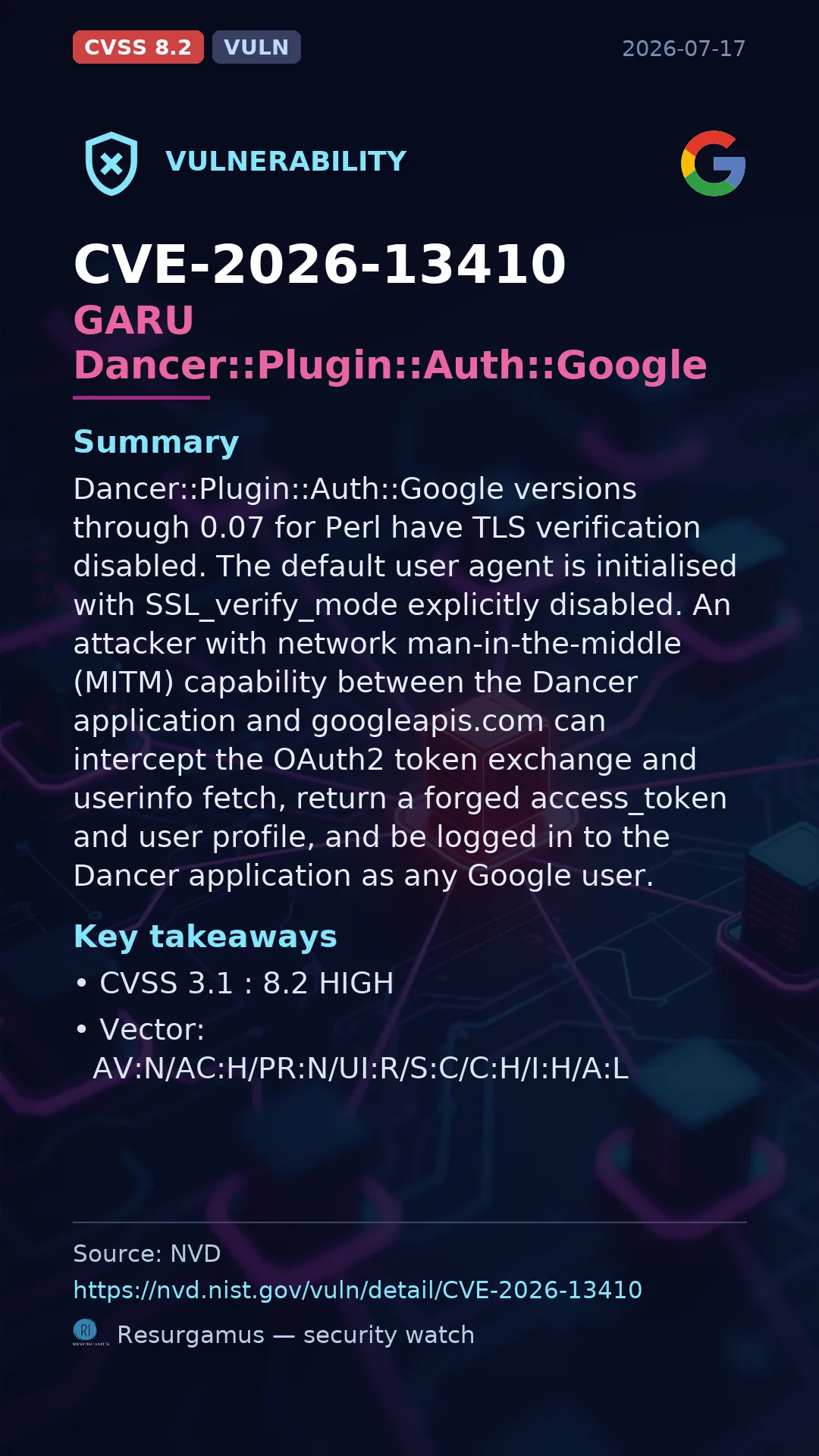 CVE-2026-13410 GARU Dancer::Plugin::Auth::Google Vulnerability