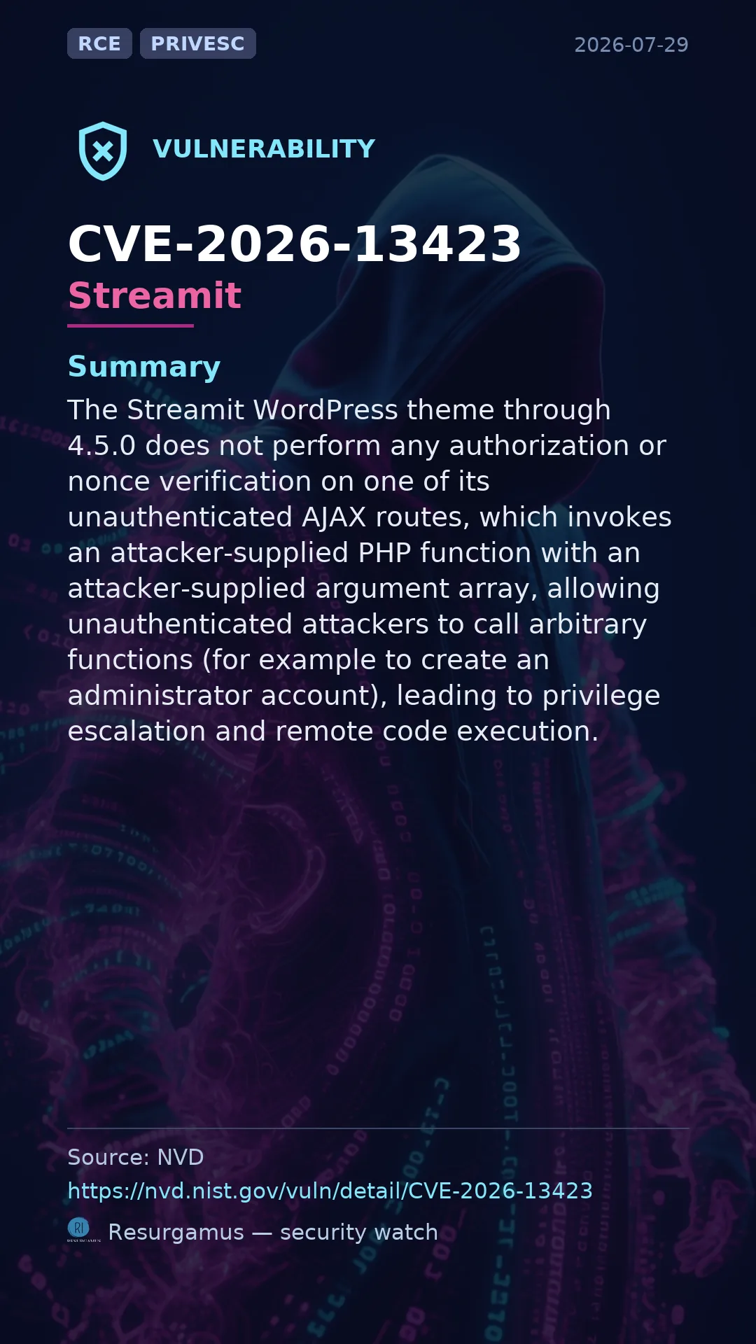 CVE-2026-13423 Streamit Vulnerability