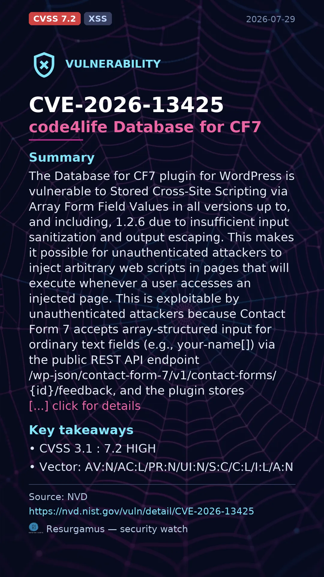 CVE-2026-13425 code4life Database for CF7 Vulnerability
