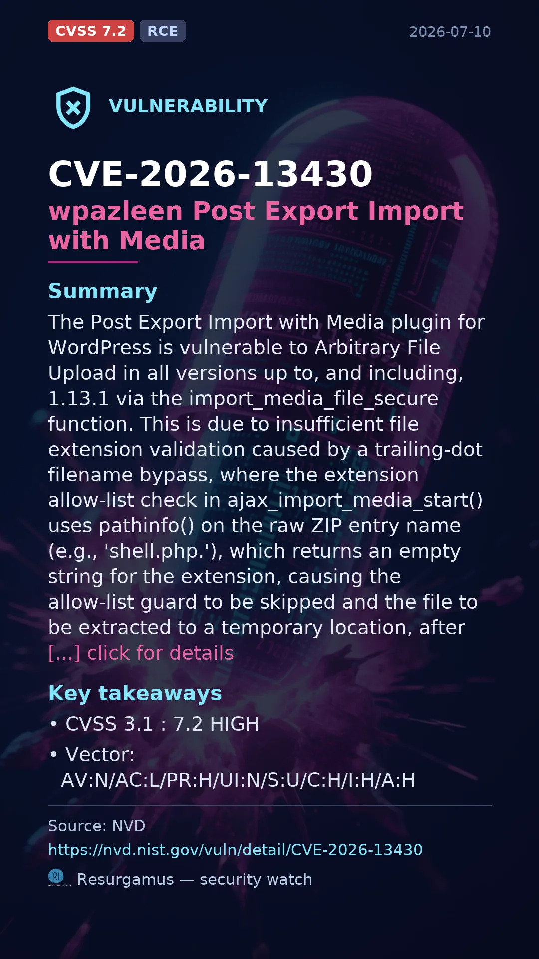 CVE-2026-13430 wpazleen Post Export Import with Media Vulnerability