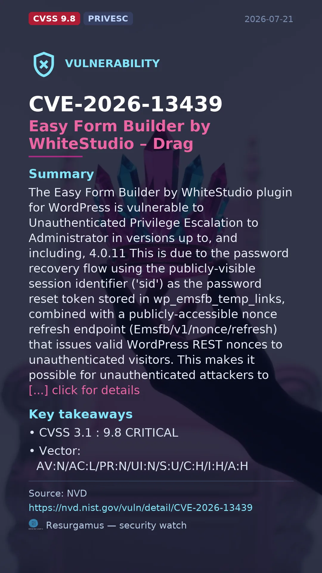 CVE-2026-13439 Easy Form Builder by WhiteStudio – Drag  Vulnerability