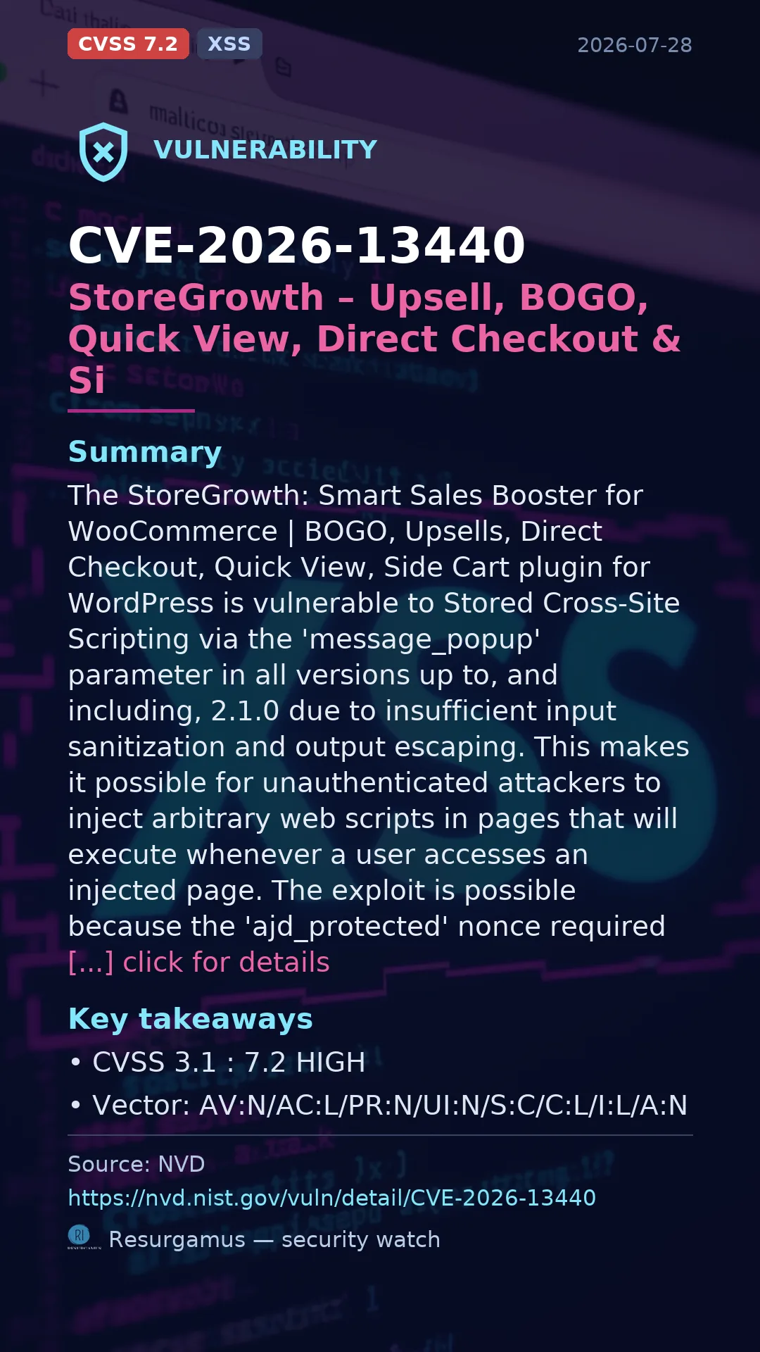 CVE-2026-13440 StoreGrowth – Upsell, BOGO, Quick View,  Vulnerability