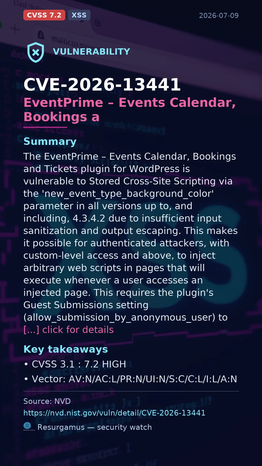 CVE-2026-13441 EventPrime – Events Calendar, Bookings a Vulnerability