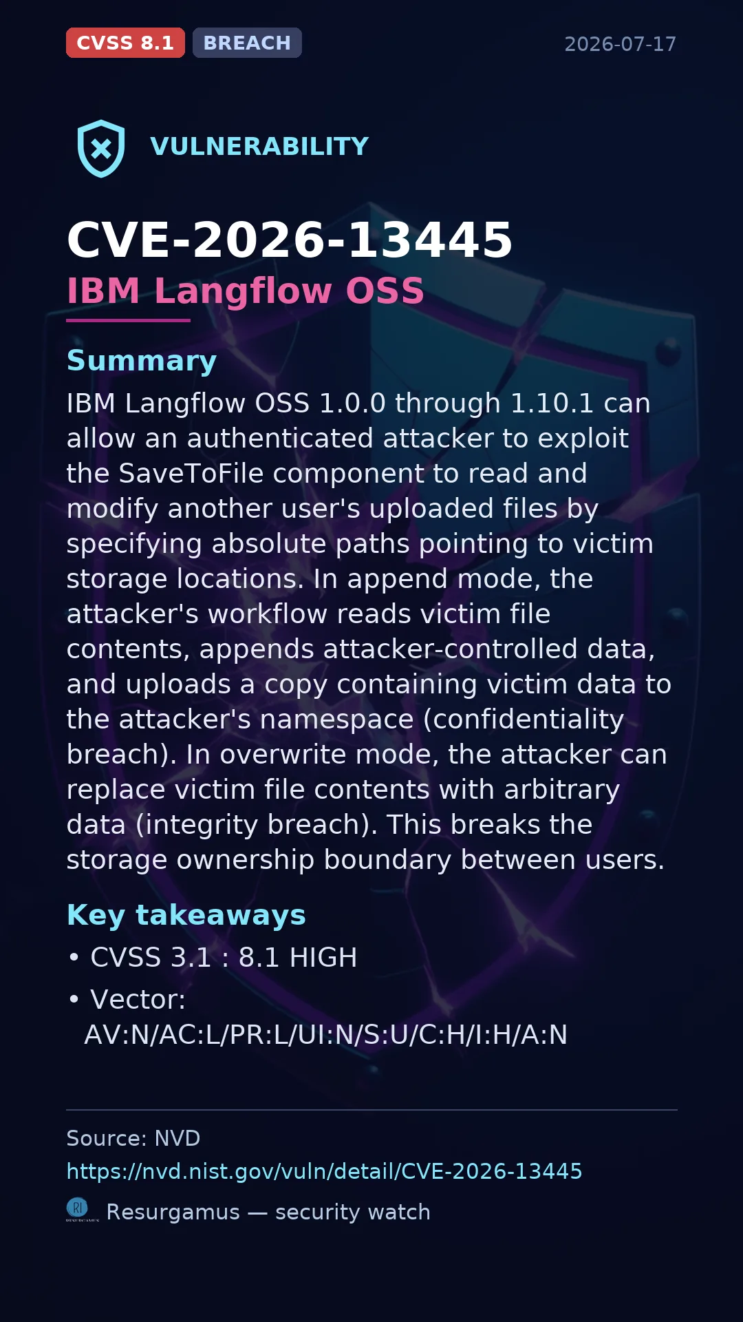 CVE-2026-13445 IBM Langflow OSS Vulnerability