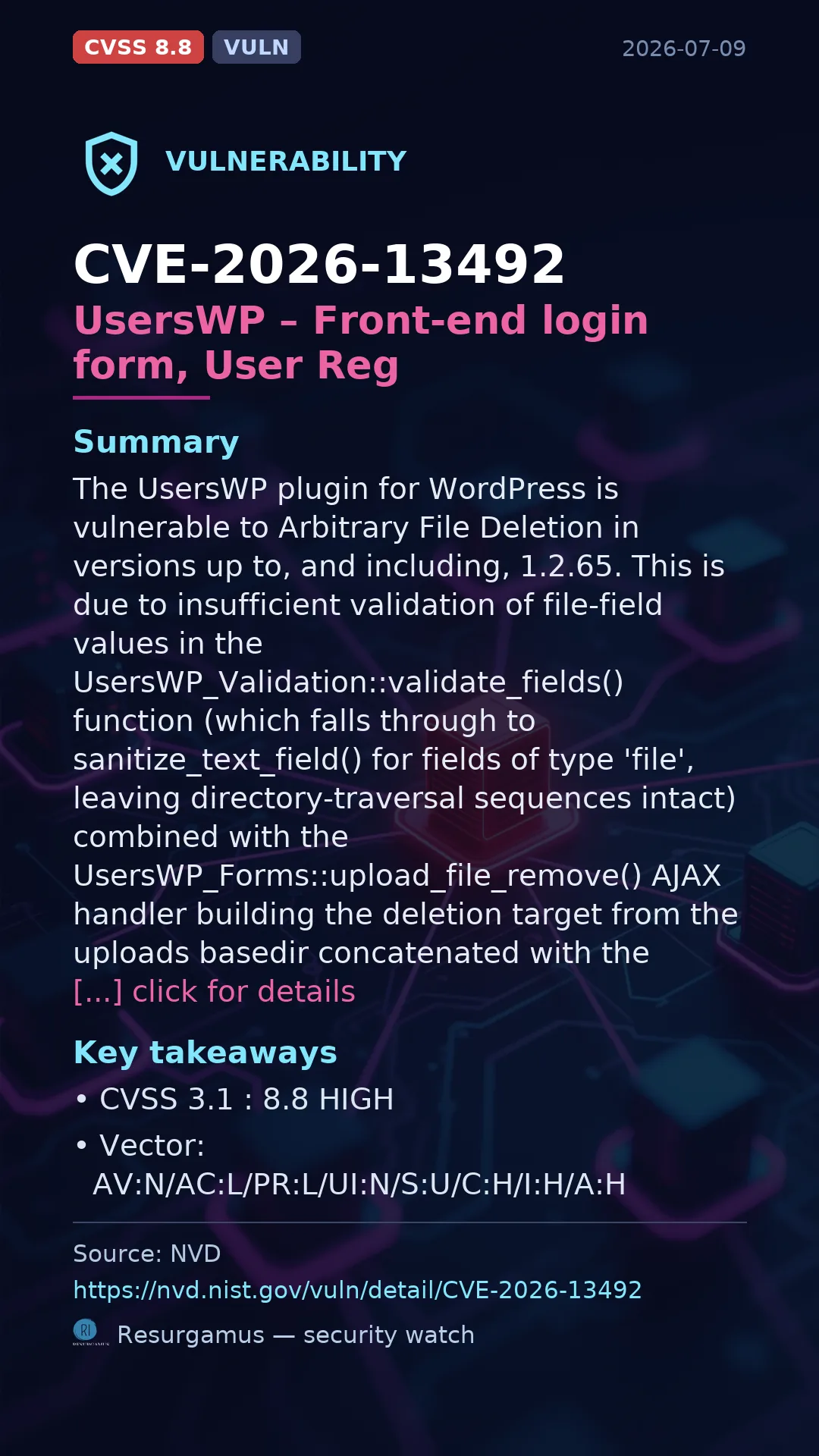 CVE-2026-13492 UsersWP – Front-end login form, User Reg Vulnerability